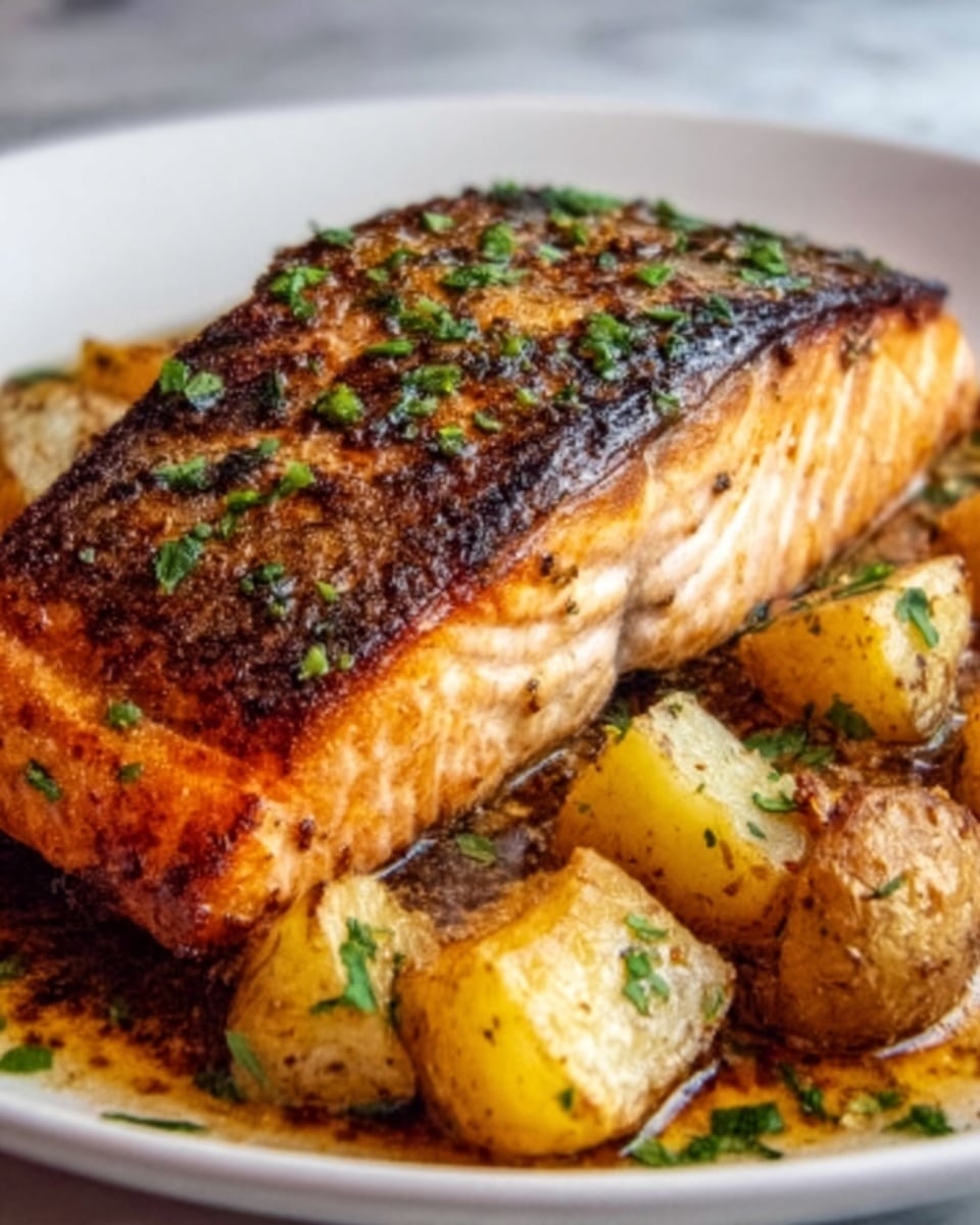 A cooked salmon fillet with golden brown and slightly crispy skin sits on a white plate. The salmon is thick and tender, showing a light pink color. Around the salmon are small pieces of roasted potato, browned on the edges with a soft texture, sprinkled with chopped green herbs. The plate is placed on a white marbled surface. Photo taken with an iphone --ar 4:5 --v 7