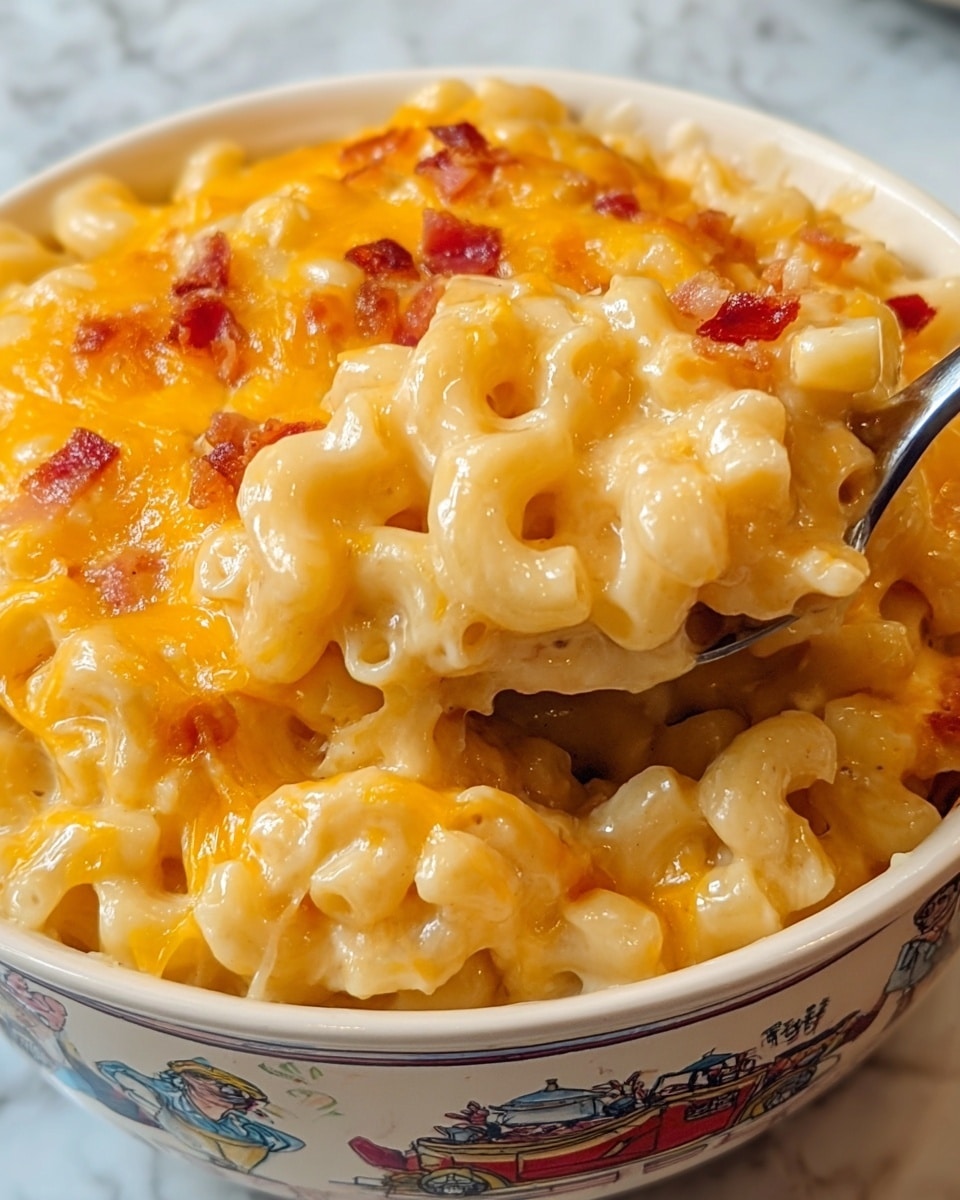 A bowl filled with creamy macaroni covered by a layer of melted orange cheese with small bits of red pieces mixed in. The top layer is golden orange and slightly crispy, showing some browned spots. Below the top cheese layer, the soft off-white macaroni noodles are visible, coated in a smooth, rich cheese sauce. The bowl is white with a colorful pattern around the outside edge. A silver spoon is partially inside the bowl, lifting some macaroni. The bowl rests on a white marbled surface. Photo taken with an iphone --ar 4:5 --v 7