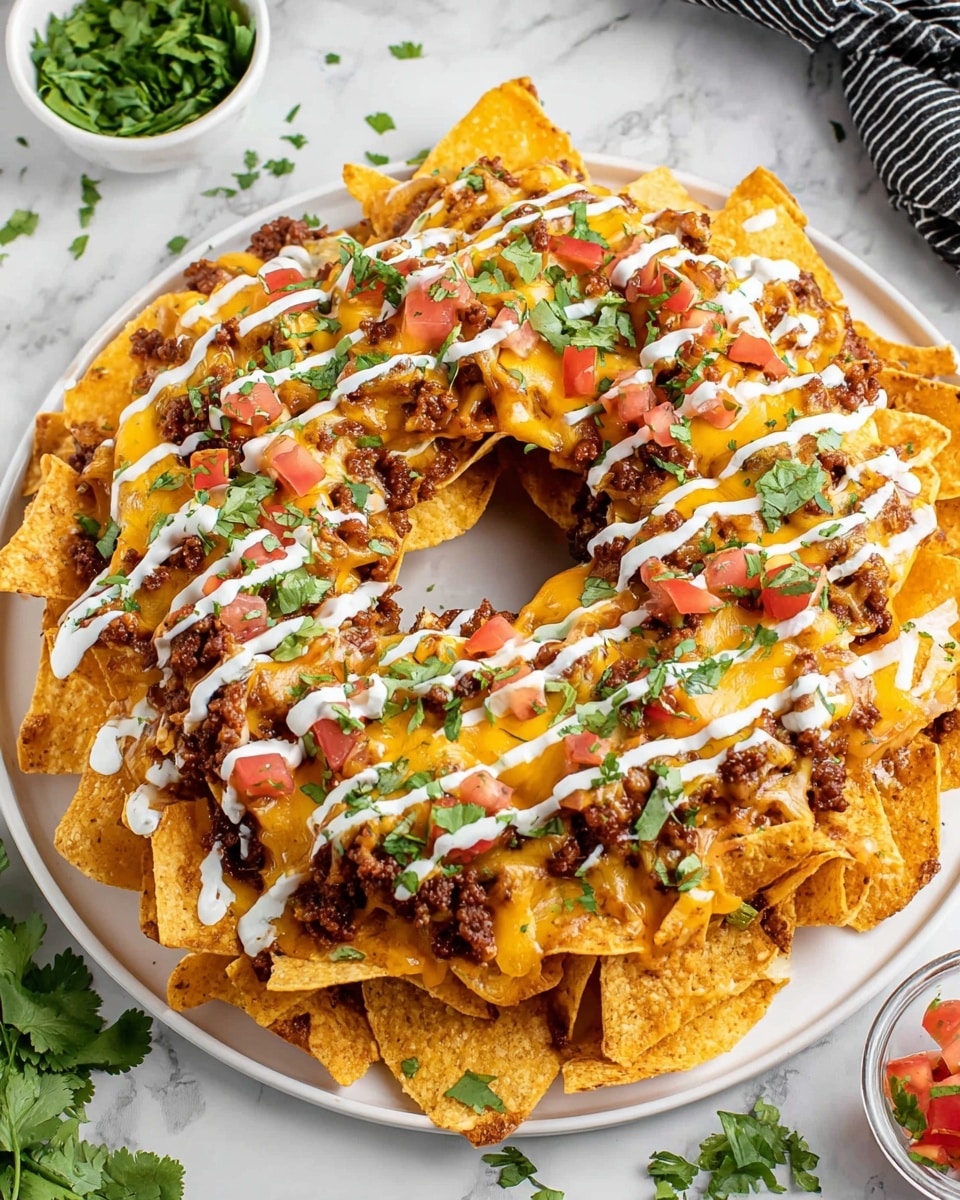 A white plate filled with a ring of layered nachos, with two main visible layers. The bottom layer is crispy yellow corn chips. The top layer is covered with melted yellow and white cheese, seasoned cooked ground beef, small red diced tomatoes, and green chopped cilantro. White sour cream is drizzled in thin lines over the top, adding contrast to the warm colors of the cheese and beef. The plate sits on a white marbled surface with some fresh green cilantro scattered around and a small bowl of chopped cilantro in the background. photo taken with an iphone --ar 4:5 --v 7