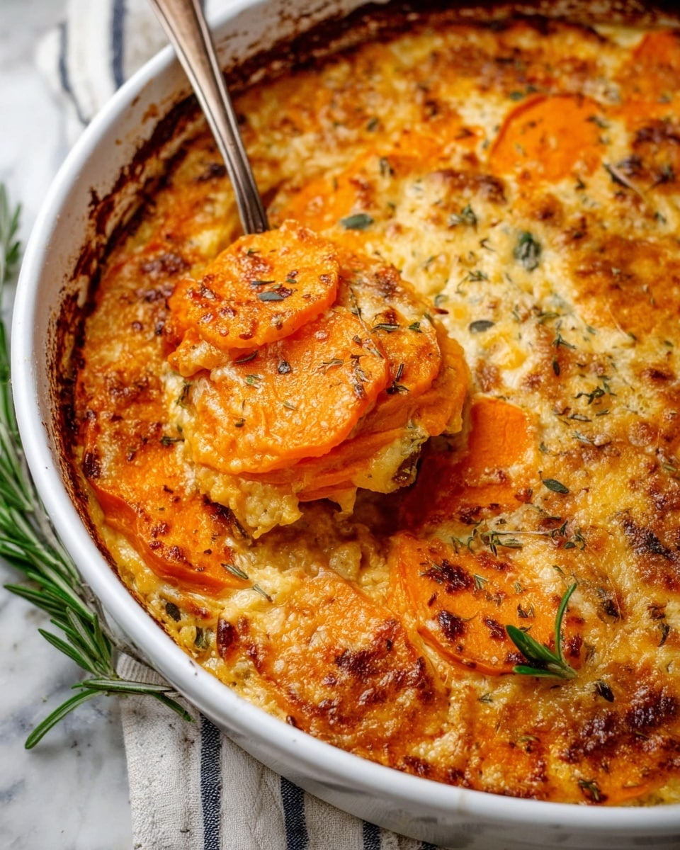 A close-up of a baked dish in a white round dish, showing a golden-brown top layer of melted cheese with some crispy browned edges. Below the cheese is a layer with visible orange sweet potato slices, soft and layered, mixed with a creamy sauce containing herbs sprinkled on top. The dish is garnished with sprigs of green rosemary on the edges, and a spoon lifting a portion reveals the gooey, cheesy texture combined with the tender sweet potato. The dish is set on a white marbled surface with a striped cloth partially visible in the background. photo taken with an iphone --ar 4:5 --v 7