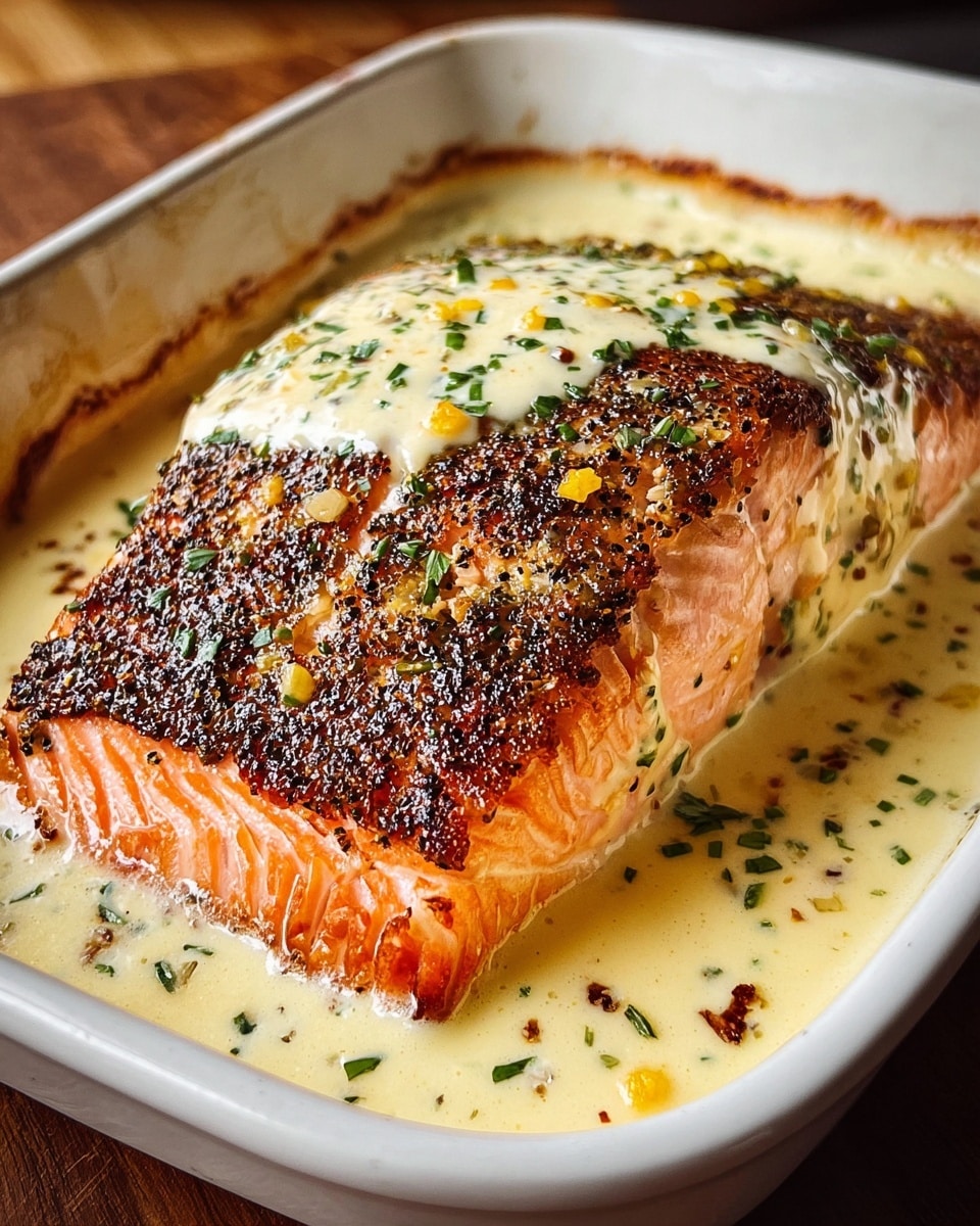 A single thick piece of cooked salmon with a crispy brown and black peppered crust on the top and sides rests in a white baking dish. The salmon is covered with a creamy light yellow sauce that has visible small bits of yellow corn and sprinkled green herbs. The sauce pools around the salmon in the dish, showing shiny, smooth texture with some light oil drops. The background surface is a white marbled texture. Photo taken with an iphone --ar 4:5 --v 7