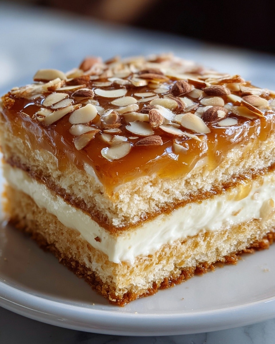 A close-up view of a square slice of layered cake on a white plate, showing four distinct layers: the bottom and second layers are light golden brown sponge cake, soft and crumbly in texture; between the first and second sponge layers, there is a thick creamy layer of pale yellow custard; between the second and third sponge layers, a thinner layer of white whipped cream with a light, airy texture; the top layer is a shiny caramel glaze topped with toasted almond slices, giving a glossy and crunchy appearance; the background is a soft, blurred white marbled texture. photo taken with an iphone --ar 4:5 --v 7