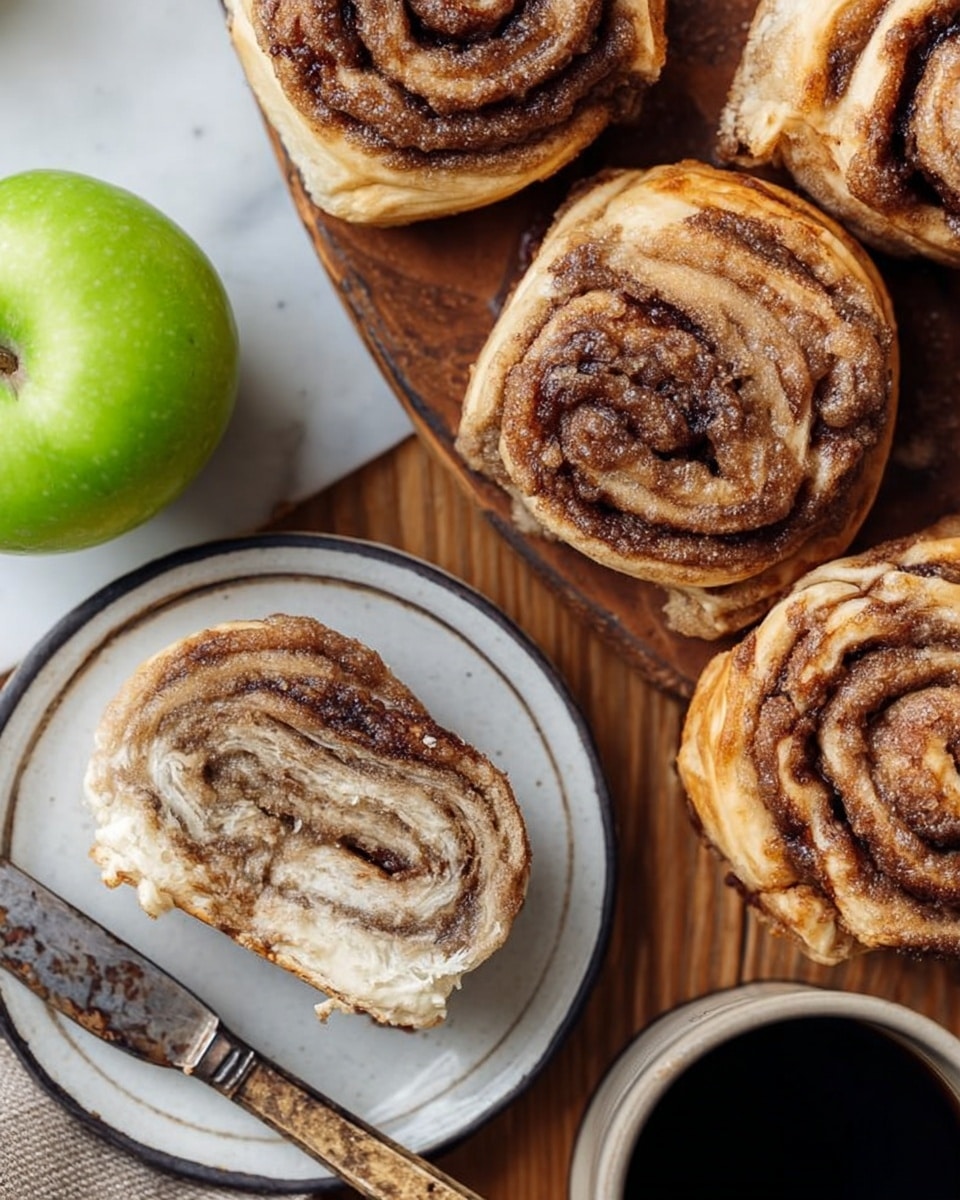 The image shows a close view of five cinnamon rolls with a brown sugar and cinnamon swirl texture. Four rolls are whole, arranged on a wooden surface, while one is cut in half, placed on a white plate with a subtle dark rim, showing layers of dough and cinnamon filling in light brown and cream colors. Next to the plate, there is a small knife with a worn metal blade. A bright green apple sits to the left of the plate, and a cup of black coffee is on the upper right side, partially visible. The background is a white marbled texture. Photo taken with an iphone --ar 4:5 --v 7