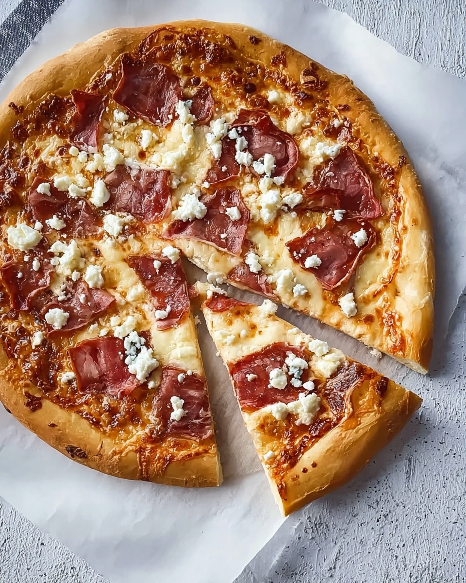 A white marbled textured surface holds a round pizza on a sheet of white parchment paper, cut into six slices with one slice slightly pulled away; the pizza has a thick, golden-brown crust surrounding a layer of melted white cheese with golden spots, topped with scattered pieces of reddish-brown thinly sliced cured meat and small dollops of crumbly white cheese evenly spread across the surface. Photo taken with an iphone --ar 4:5 --v 7