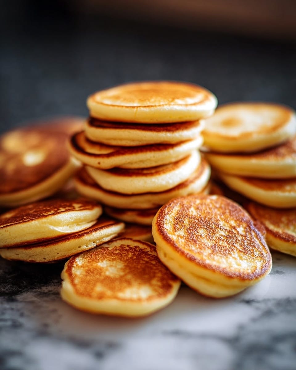 A pile of small, round pancakes with golden brown tops and lighter, soft edges are stacked together, showing a mix of smooth and slightly textured surfaces, arranged on a white marbled surface. The pancakes vary in shade from light golden to a darker brown, indicating different levels of cooking, and there is no plate visible under them. The background is softly blurred with muted dark tones and indistinct shapes, which lets the pancakes stand out clearly in the image. photo taken with an iphone --ar 4:5 --v 7