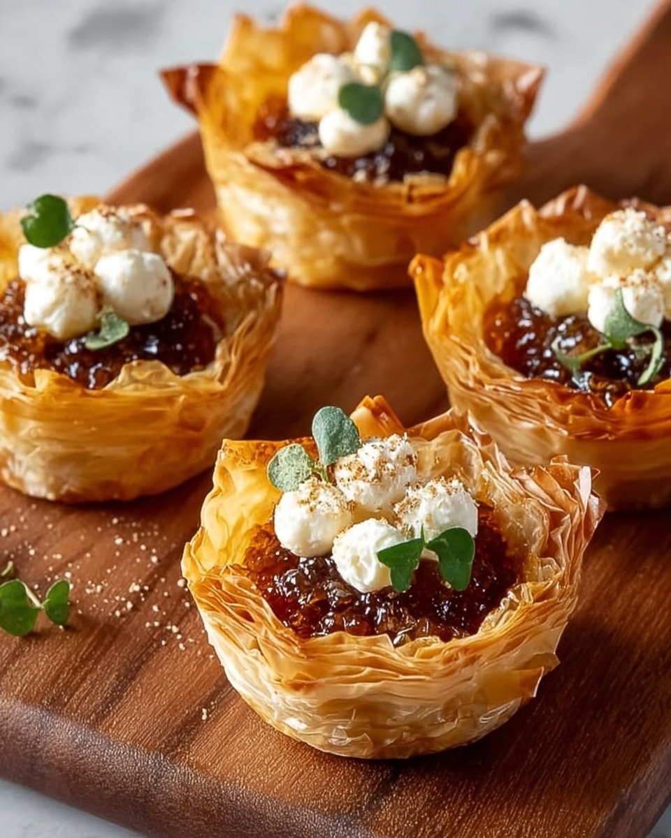 The image shows four small tartlets on a brown wooden board. Each tartlet has a crispy, golden-brown phyllo pastry shell with many thin, flaky layers that lift up around the edges. Inside, there is a glossy, dark amber-colored filling with a sticky texture. On top of the filling, there are small white dollops that look like soft cheese, sprinkled with tiny green leaves and a dusting of light brown powder. The background is a white marbled texture. Photo taken with an iphone --ar 4:5 --v 7