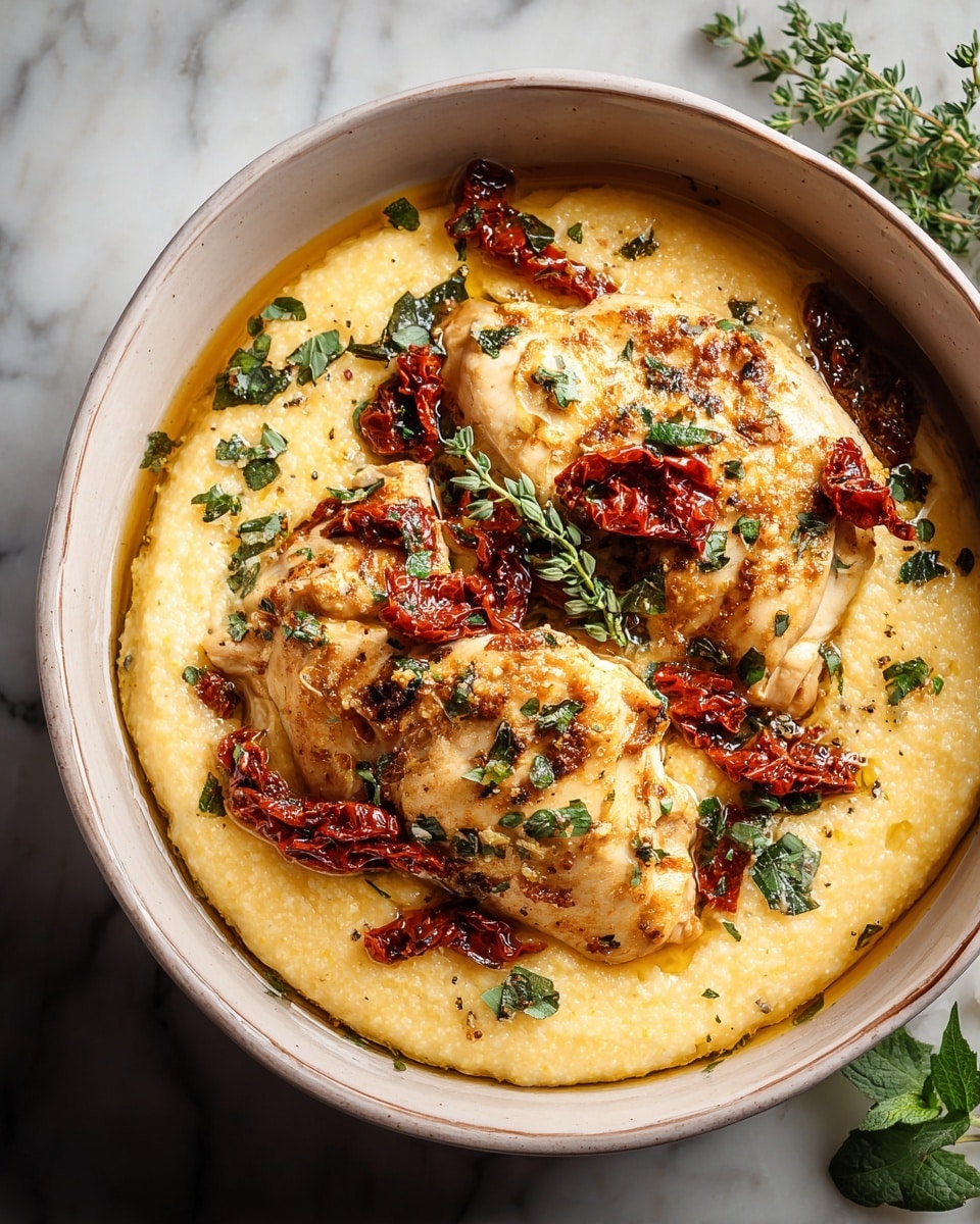 In a white bowl, there is a creamy yellow base layer of polenta with a smooth and thick texture. On top of it, there are three large pieces of golden brown cooked chicken, each piece moist and slightly glossy from sauce. Scattered over the chicken and polenta are dark red sun-dried tomatoes and fresh green herbs, adding bright spots of color. The sauce surrounding the chicken and polenta is light yellow with a shiny, oily surface, making the dish look rich and flavorful. The background is a white marbled surface, and a small sprig of fresh green herb is placed near the edge of the bowl. Photo taken with an iphone --ar 4:5 --v 7