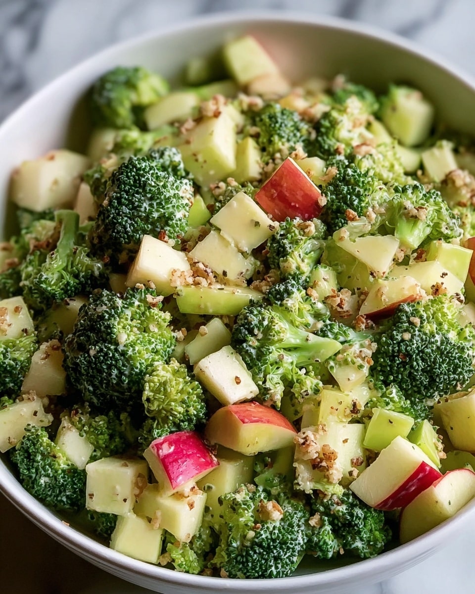 The image shows a close-up of a salad in a white bowl on a white marbled surface. The salad has two main layers mixed together: bright green broccoli florets with a slightly rough texture, and chunks of apples with green and red skin, cut into irregular cube shapes. The salad is topped with small bits of a crumbly, pale topping that looks like nuts or seeds, sprinkled evenly across the dish. The broccoli and apples appear fresh and lightly coated with a creamy dressing that gives a slight shine to the pieces. Photo taken with an iphone --ar 4:5 --v 7