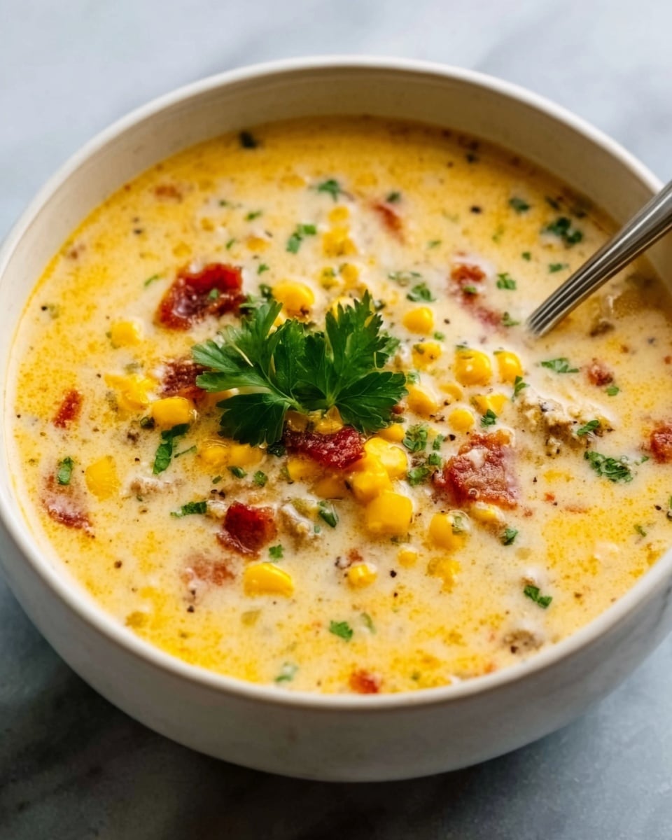 A white bowl filled with creamy yellow corn chowder, showing visible pieces of corn, bits of red bacon, and green herbs on top. A sprig of fresh green parsley sits in the center as garnish. A silver spoon is resting inside the bowl on the right side. The bowl is placed on a white marbled surface. The texture of the chowder looks rich and smooth with small chunks floating throughout. Photo taken with an iphone --ar 4:5 --v 7
