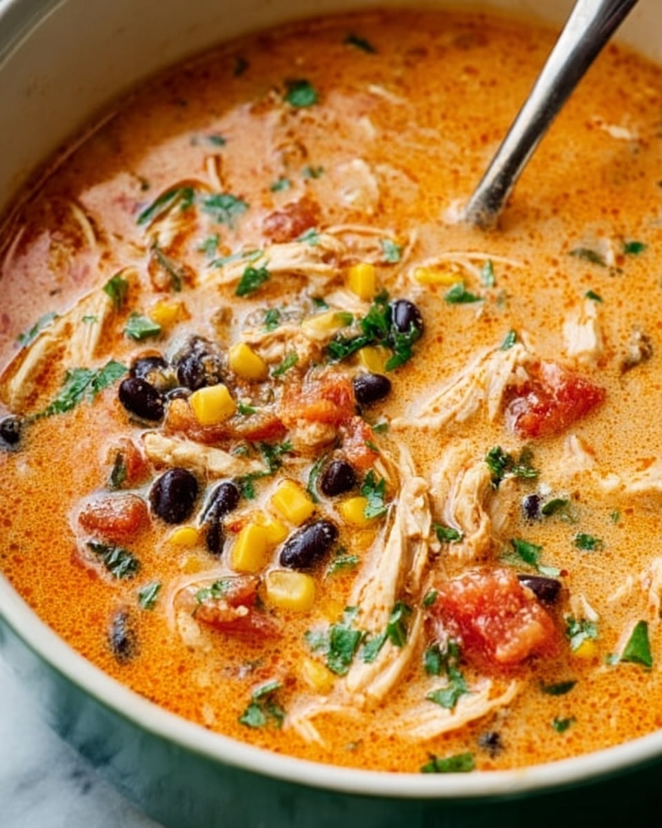 The image shows a close-up of a creamy orange soup in a round white pot. The soup has visible layers of shredded chicken, black beans, corn kernels, chopped tomatoes, and green herbs mixed throughout the smooth, thick broth. The chicken pieces are pale beige, while the beans are shiny black and the corn bright yellow, creating a colorful contrast against the orange base. Small bits of green herbs are sprinkled on top, adding freshness to the rich texture. A silver ladle rests inside the pot, ready to serve, and the pot is set on a white marbled surface. photo taken with an iphone --ar 4:5 --v 7