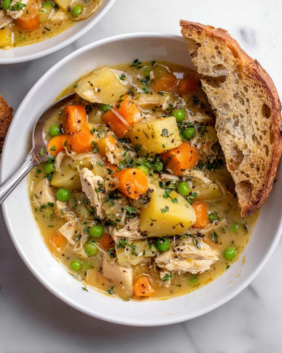 A white bowl filled with hearty chicken and vegetable soup, showing three main layers: soft orange carrot pieces, bright green peas, and chunky light yellow potato pieces mixed with shredded white chicken in a thick, beige broth, all sprinkled with small green herbs and cracked black pepper on top; a toasted slice of rustic bread with a golden crust leans inside the bowl on the right side, and a silver spoon rests at the bottom left inside the bowl, all placed on a white marbled surface. photo taken with an iphone --ar 4:5 --v 7