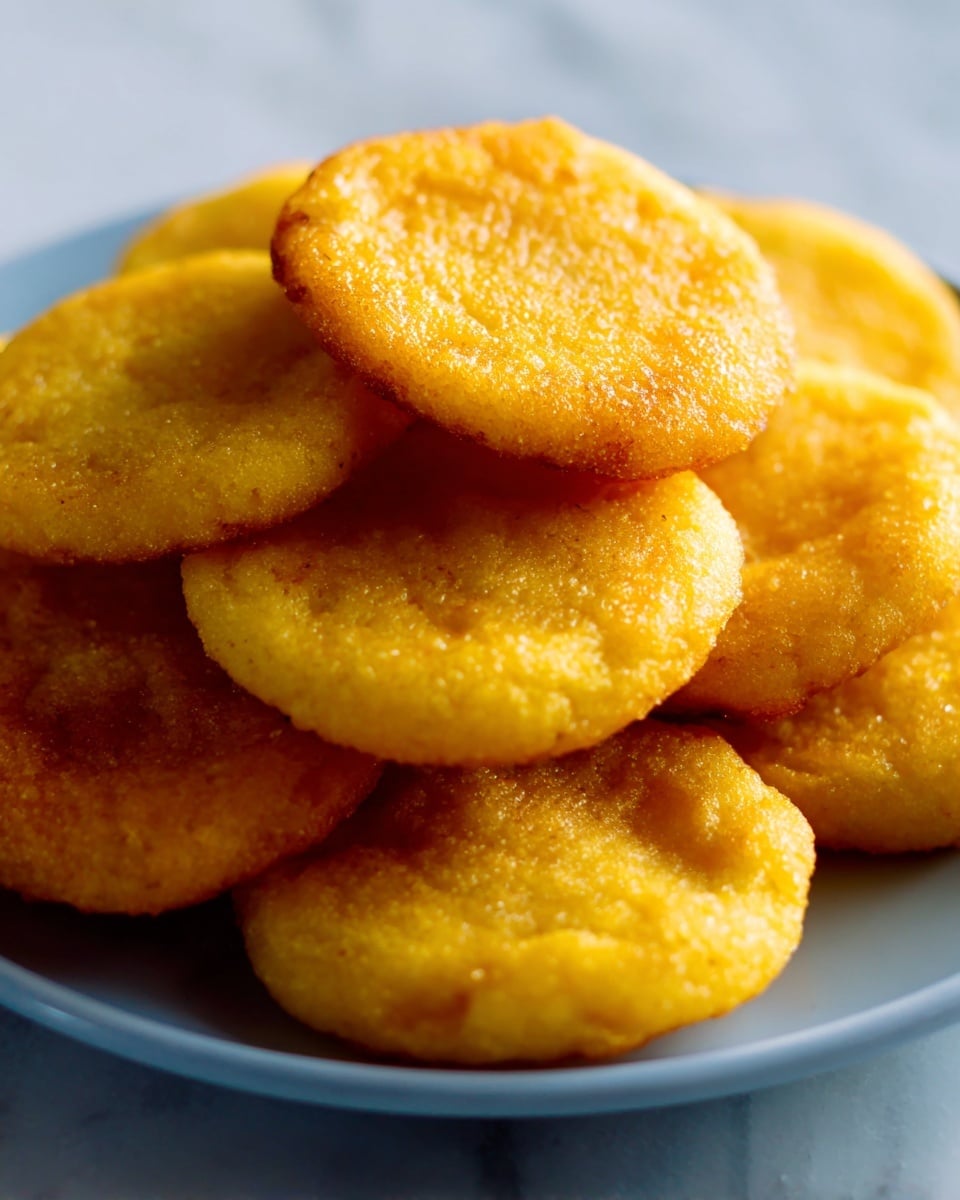 The image shows a close-up of a stack of small, round, golden-yellow cakes with a shiny, slightly crispy top and soft texture inside. The cakes are piled neatly on top of each other on a white plate, making the bright yellow color stand out. The background is a white marbled texture, adding a clean and simple look to the photo. photo taken with an iphone --ar 4:5 --v 7