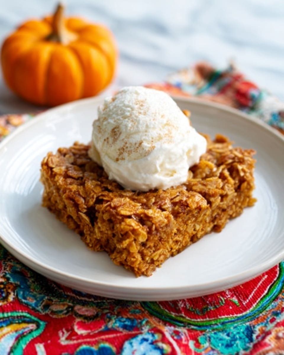 A white round plate holds one square piece of baked oatmeal with a rough, golden-brown textured top layer made of toasted oats and visible spices. On top of the oatmeal is a generous scoop of light beige creamy ice cream or whipped topping, slightly melting at the edges. The plate sits on a bright, colorful fabric with red, green, and blue patterns, and a small pumpkin is visible on the white marbled surface in the background. Photo taken with an iphone --ar 4:5 --v 7