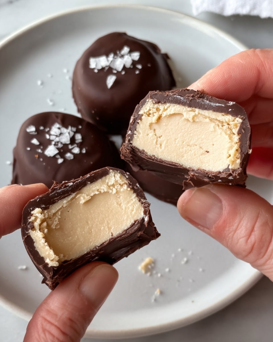 A close-up showing a woman's hand holding two halves of a chocolate-covered treat with a smooth, creamy beige center and a thin dark chocolate outer layer. On a white plate in the background, there are three whole chocolate-covered treats topped with a few flakes of white salt. The scene is set on a white marbled surface. photo taken with an iphone --ar 4:5 --v 7