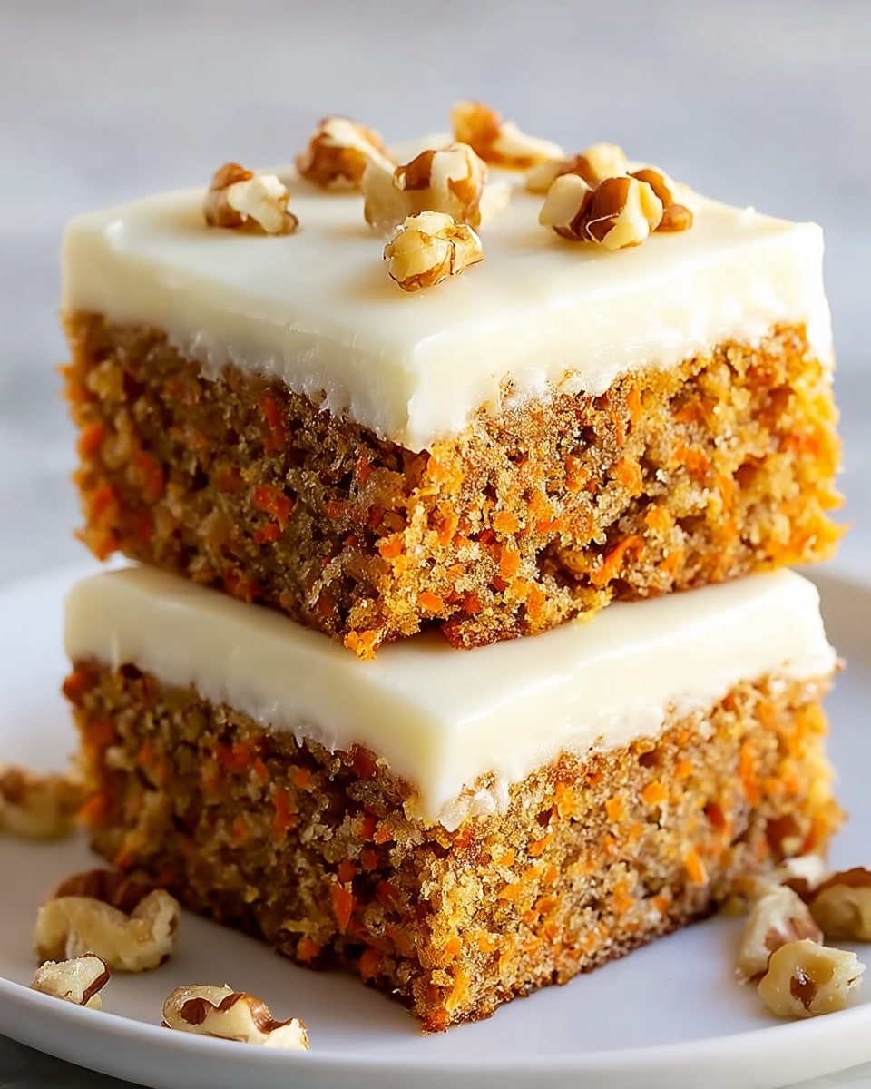 Two stacked carrot cake squares are shown close up on a white plate, placed on a white marbled surface. Each square has two layers: the bottom layer is a moist, crumbly carrot cake with visible orange carrot shreds and small brown bits, showing rough texture. The top layer is creamy white frosting covering the cake smoothly, thick and spread evenly. The upper carrot cake square has whole walnut pieces scattered on top of the frosting, adding texture and contrast. Small walnut pieces are also near the base on the plate. Photo taken with an iphone --ar 4:5 --v 7