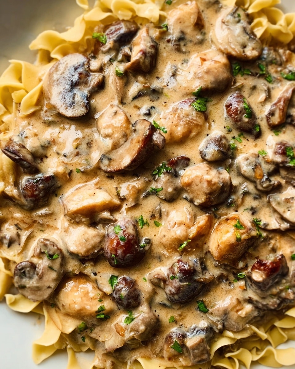 A close-up of a white plate with two main layers: the bottom layer is wide, light yellow egg noodles with a soft, curly texture, arranged in a loose pile. The top layer is a creamy, light brown mushroom sauce with visible whole sliced mushrooms, cooked to a golden brown, and small green herb leaves scattered on top for garnish. The sauce generously covers the noodles but leaves some edges visible. Photo taken with an iphone --ar 4:5 --v 7