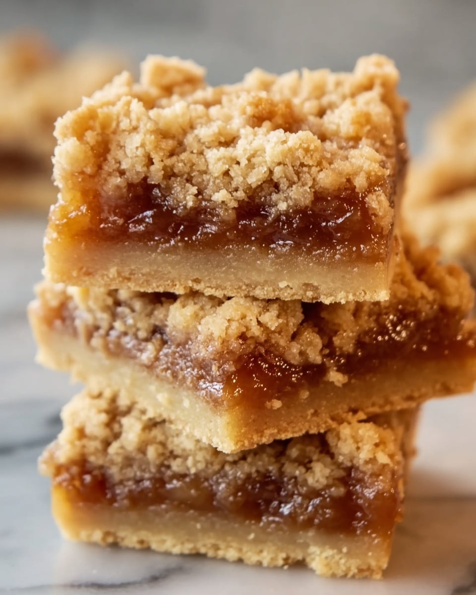 A close-up view shows a stack of three dessert bars with three distinct layers. The bottom layer is a light tan, firm and crumbly crust. The middle layer is a glossy, amber-colored fruit filling, which looks soft and sticky, with small pieces visible inside. The top layer is a golden crumbly streusel with a rough texture and light brown spots. The bars are stacked unevenly, highlighting the layers and textures against a blurred white marbled background. Photo taken with an iphone --ar 4:5 --v 7