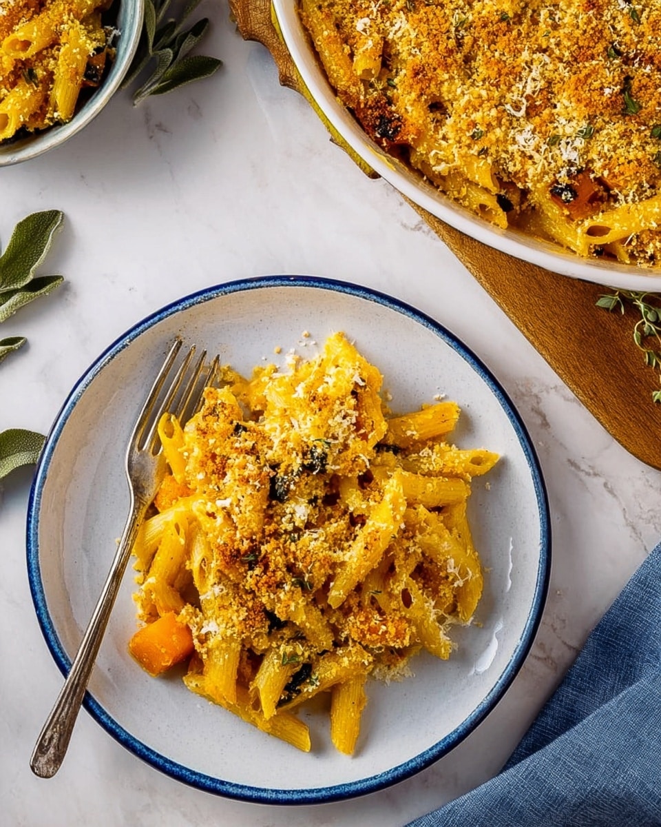 A white bowl filled with baked penne pasta mixed with chunks of orange butternut squash and scattered green leafy bits, all covered by a thick, golden brown breadcrumb and cheese crust with a slightly crispy texture. The pasta underneath shows a creamy light orange sauce binding the ingredients together. A small portion is served on a white plate with a rustic look and a fork resting on the right side of the plate. The background shows a white marbled surface with a gray and white striped cloth partially visible near the bowl. photo taken with an iphone --ar 4:5 --v 7