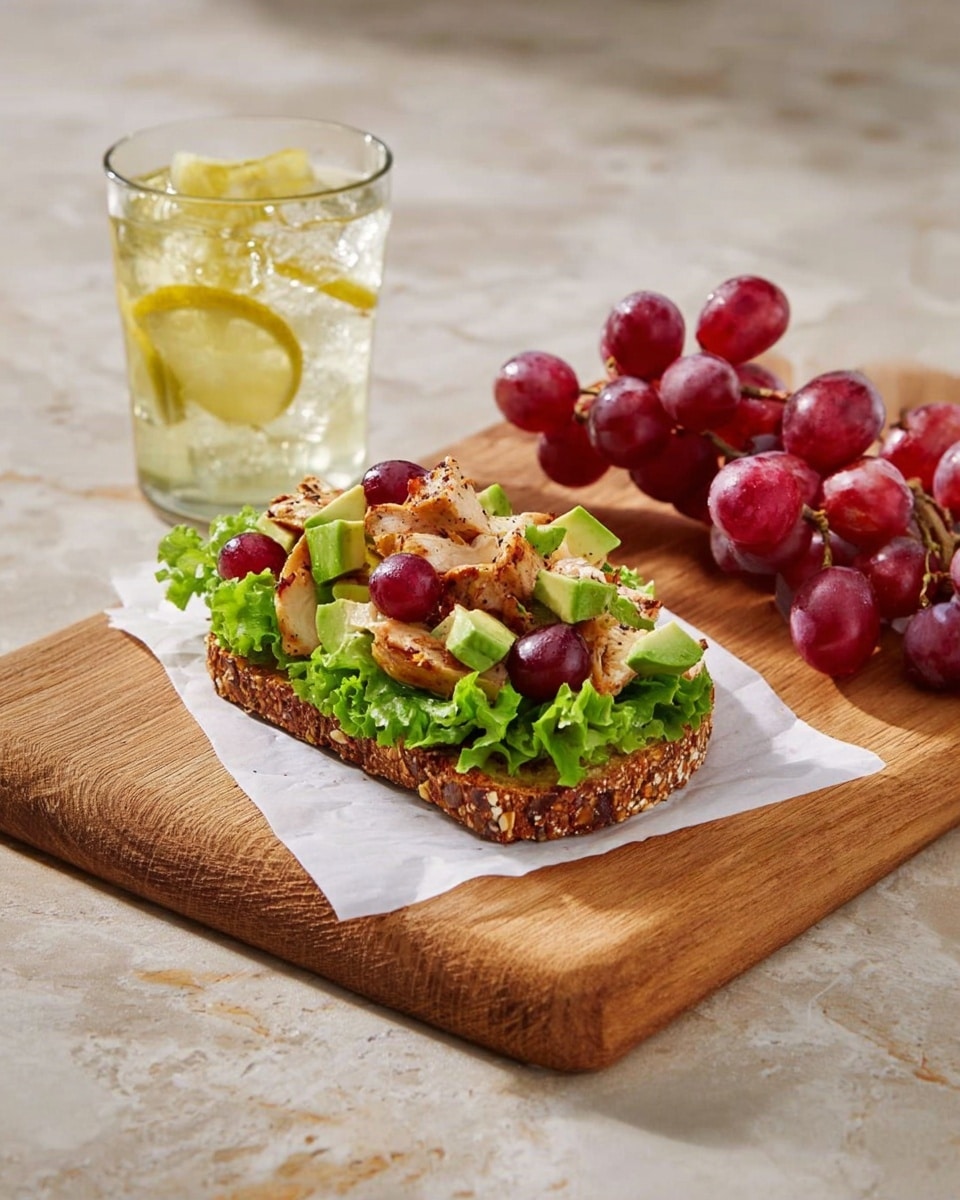 The image shows an open sandwich placed on a wooden board with a piece of white paper underneath. The sandwich starts with a thick slice of dark, grainy bread as the base, topped with a layer of fresh green lettuce leaves. On top, there are chunks of grilled chicken, halved red grapes, and small cubes of green avocado mixed together, creating a colorful, fresh-looking topping. Next to the sandwich is a small bunch of red grapes sitting on the wooden board. In the background, there is a clear glass filled with iced tea and lemon slices. The whole scene is set on a white marbled surface. photo taken with an iphone --ar 4:5 --v 7
