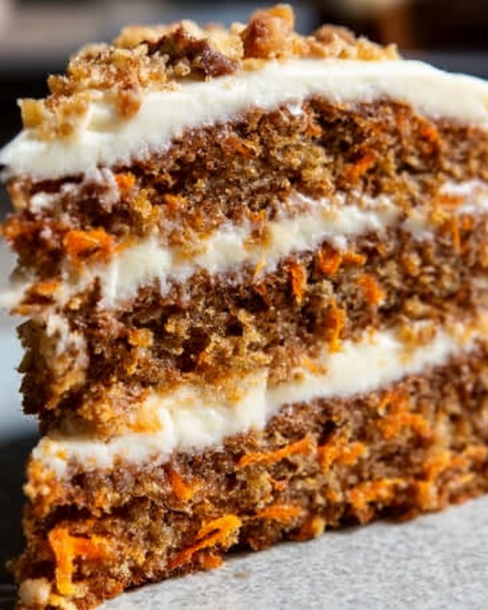 The image shows a close-up slice of carrot cake with two thick layers of moist, brown cake filled with small orange carrot bits and tiny dark spots, likely nuts or raisins, and separated by a creamy, smooth white frosting layer in the middle, with more frosting covering the top and sides. The top frosting is decorated with small pieces of chopped nuts, adding texture and color contrast. The background is a white marbled texture, and a woman's hand gently holds the cake slice. Photo taken with an iphone --ar 4:5 --v 7