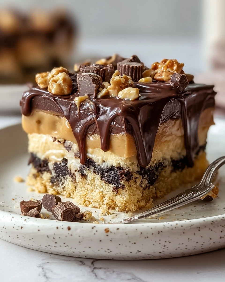 A close-up of a square layered dessert with four distinct layers on a white plate with speckles. The bottom layer is a golden, crumbly crust mixed with dark chocolate chunks. Above it is a thick, creamy caramel-colored layer. The third layer is a rich, glossy dark chocolate ganache that drips down the sides in smooth, shiny folds. The top layer is a mix of chunky nuts and chocolate pieces scattered unevenly. There are some crumbs and chocolate pieces fallen on the plate near the dessert. A silver fork rests on the plate to the right side of the dessert. The background is a soft-focused white marbled texture. photo taken with an iphone --ar 4:5 --v 7