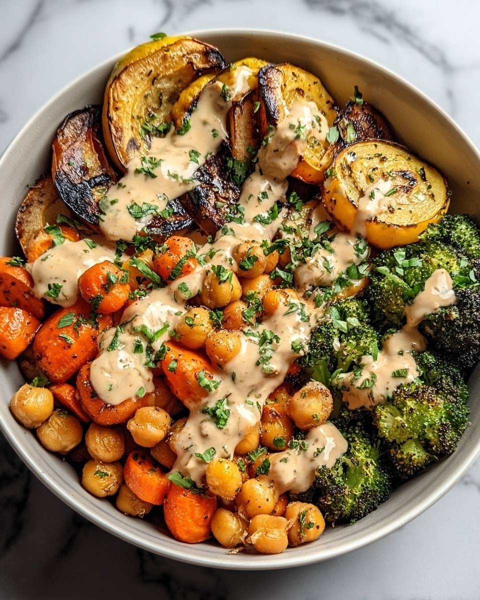 A bowl filled with a colorful mix of roasted vegetables and chickpeas. The base layer consists of bright orange roasted carrots and golden-brown chickpeas that are lightly charred. Next to them are slices of golden roasted squash, some with a crispy, darkened edge. On the other side, there are vibrant green broccoli florets with a slightly grilled look. Over all the layers, there is a creamy, light beige sauce drizzled in thick lines, sprinkled with finely chopped fresh green herbs. The bowl is white and sits on a white marbled surface. photo taken with an iphone --ar 4:5 --v 7