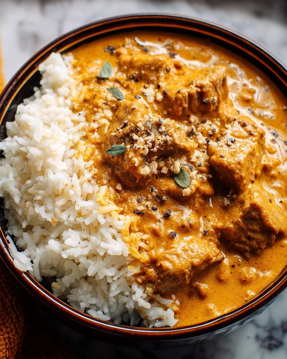 A bowl filled with two main layers: on the left, a pile of white fluffy rice with a soft texture, and on the right, creamy, orange-colored curry with chunks of tender meat surrounded by a smooth sauce. The curry is topped with a sprinkle of black pepper and small green herb leaves at the center. The bowl is white, placed over a white marbled surface, and the close-up shot shows the rich texture of the dish clearly. Photo taken with an iphone --ar 4:5 --v 7