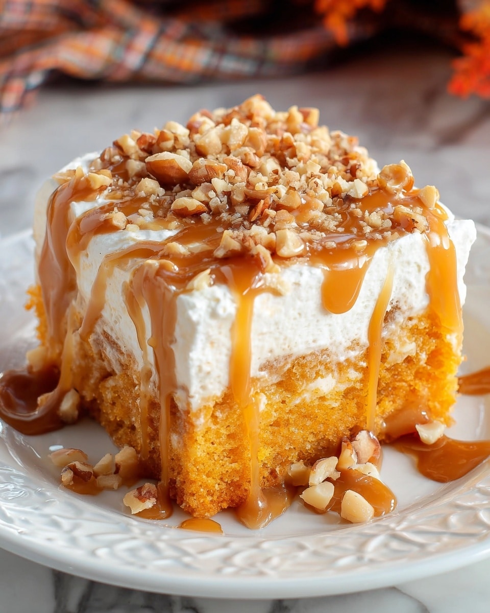 A square piece of orange cake with a moist and crumbly texture forms the base layer, topped by a thick white creamy layer, which is covered by a glossy caramel sauce drizzled unevenly. Small chopped nuts are sprinkled generously on the caramel layer and around the cake on a white ceramic plate with a subtle embossed pattern. The background features a blurred pine cone, an apple, and a softly draped patterned cloth, all set on a white marbled surface. photo taken with an iphone --ar 4:5 --v 7