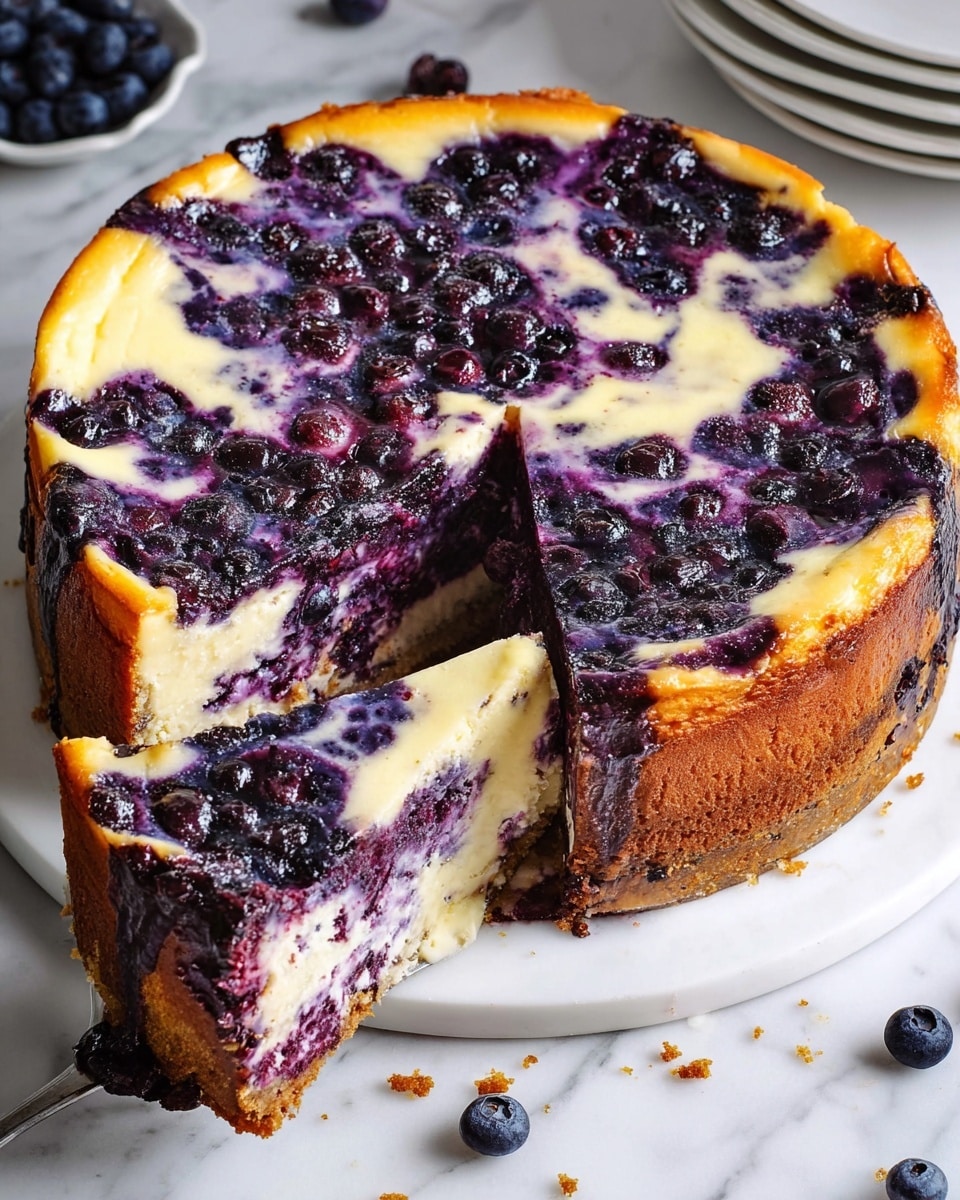 A round cheesecake with a golden brown and cream top layer mixed with swirls of dark purple blueberry sauce and visible whole blueberries. The middle layer is thick and creamy purple from the blueberries, contrasting with the lighter top. The bottom layer is a dense, crumbly crust that is slightly browned. One slice is cut and slightly pulled out, showing the layers clearly. The white plate sits on a white marbled surface with scattered blueberries and cookie crumbs around. Photo taken with an iphone --ar 4:5 --v 7