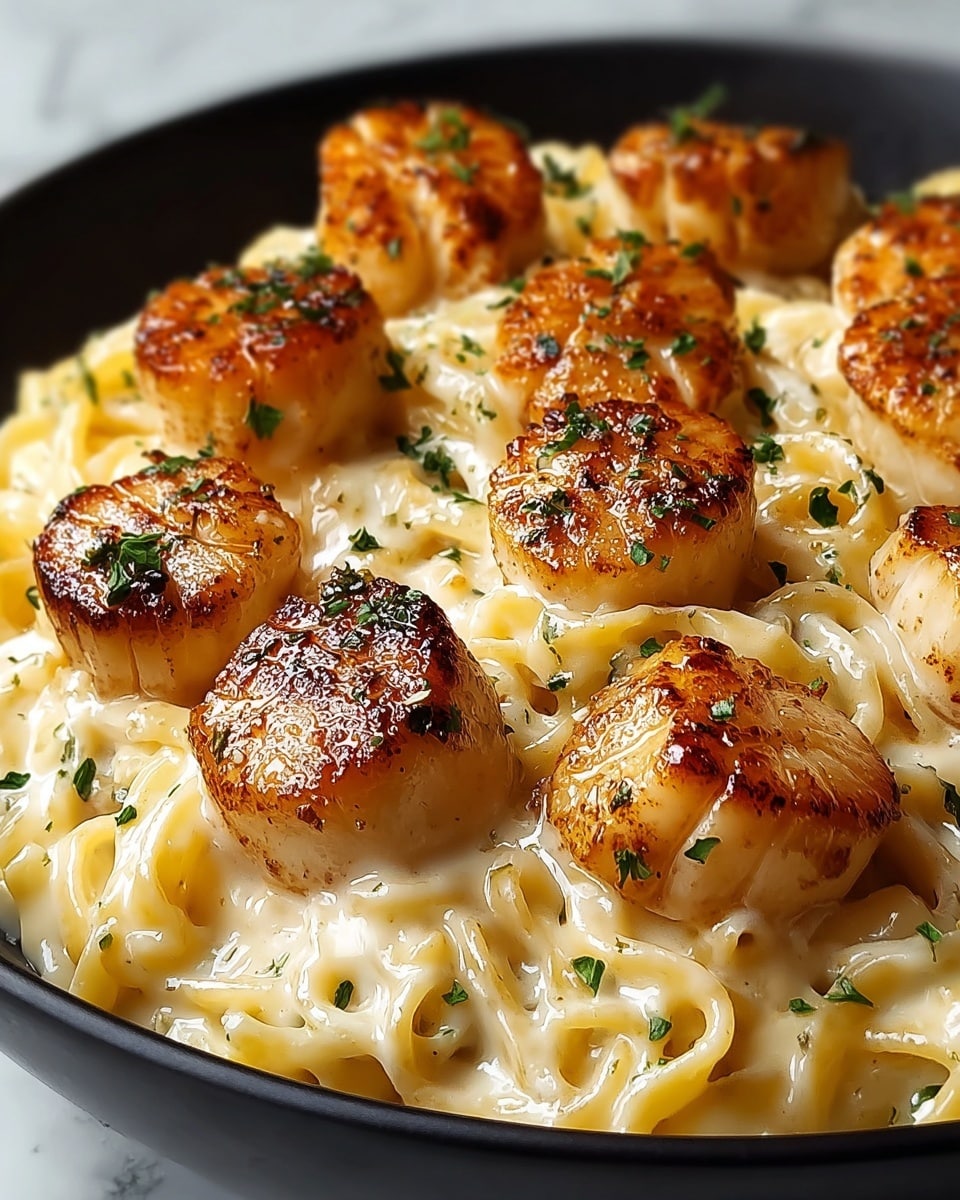 The dish shows a black bowl filled with creamy pasta as the bottom layer, smooth and light yellow in color, and topped with golden-brown seared scallops arranged evenly. The scallops have a slightly crispy surface with a caramelized texture and are garnished with small bits of chopped green herbs scattered across. The creamy white sauce coats both the pasta and scallops, adding a glossy finish to the dish, all set on a white marbled surface. photo taken with an iphone --ar 4:5 --v 7