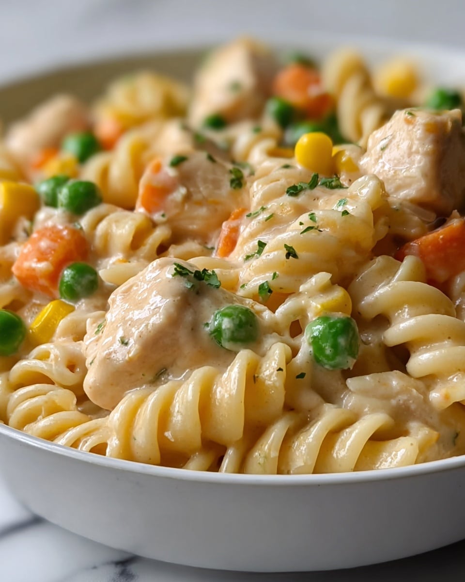 A close-up view of a creamy pasta dish in a white bowl, showing multiple layers of thick, light beige sauce coating chunks of chicken and curly pasta. Scattered throughout are bright green peas, small orange carrot pieces, and yellow corn kernels. The sauce looks smooth and slightly shiny, with small green herbs sprinkled on top. The background is a white marbled texture. photo taken with an iphone --ar 4:5 --v 7
