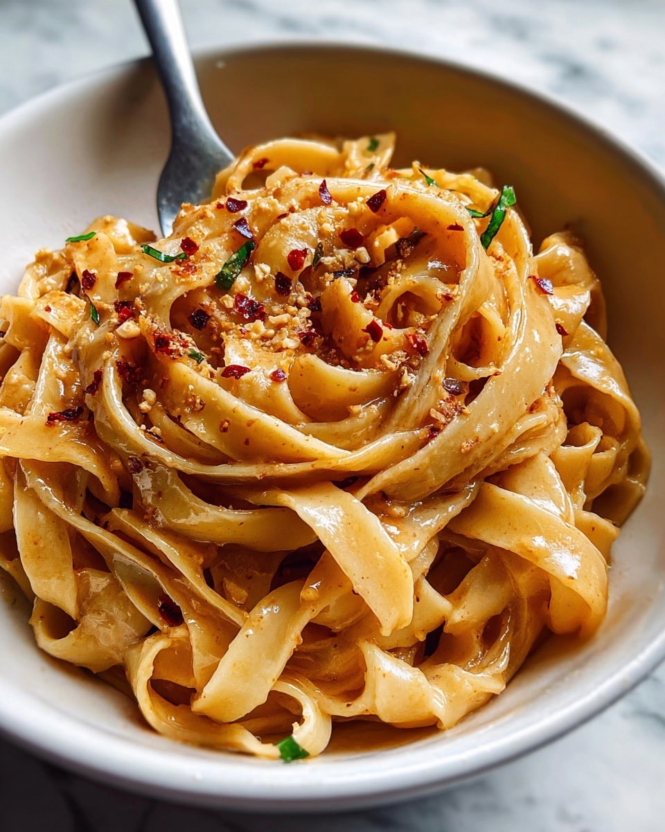 A close-up of a white bowl filled with wide, flat pasta noodles tossed in a light golden, oily sauce. The noodles are layered loosely with a slightly glossy texture, sprinkled with reddish chili flakes and small green herb bits. There is a light dusting of coarse, pale crumbs, possibly cheese, on top. The bowl is placed on a white marbled surface, and a silver spoon is visible resting inside the bowl. The photo focuses on the pasta details, showing the soft curves and texture of the noodles, with natural light coming from the side. photo taken with an iphone --ar 4:5 --v 7