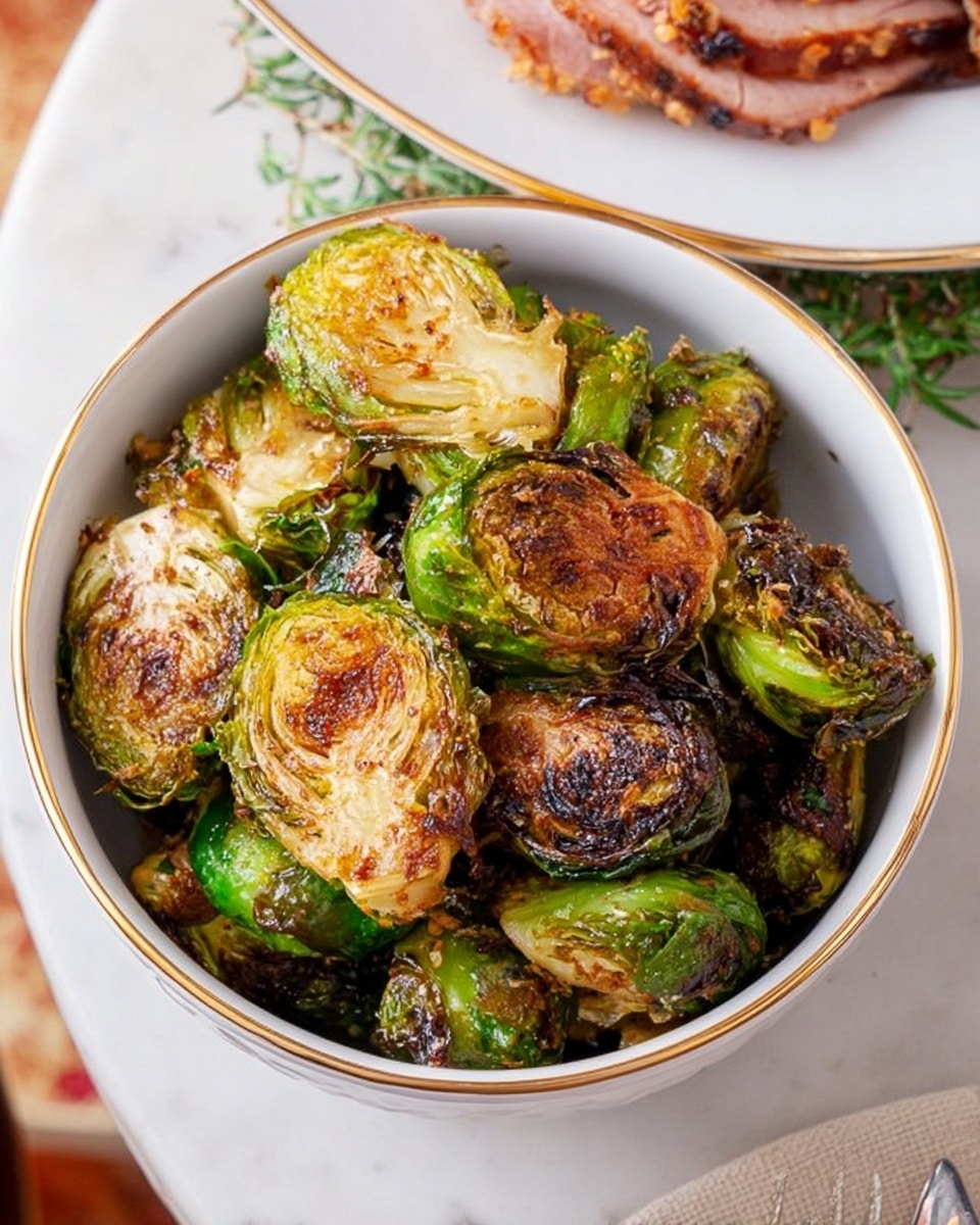 A white bowl with a gold rim filled with crispy roasted Brussels sprouts. The Brussels sprouts are halved, showing layers of green leaves with golden-brown, charred spots and crispy edges. The texture looks crunchy on the outside and tender inside. The bowl is placed on a white marbled surface, and part of another plate with food is visible nearby. photo taken with an iphone --ar 4:5 --v 7
