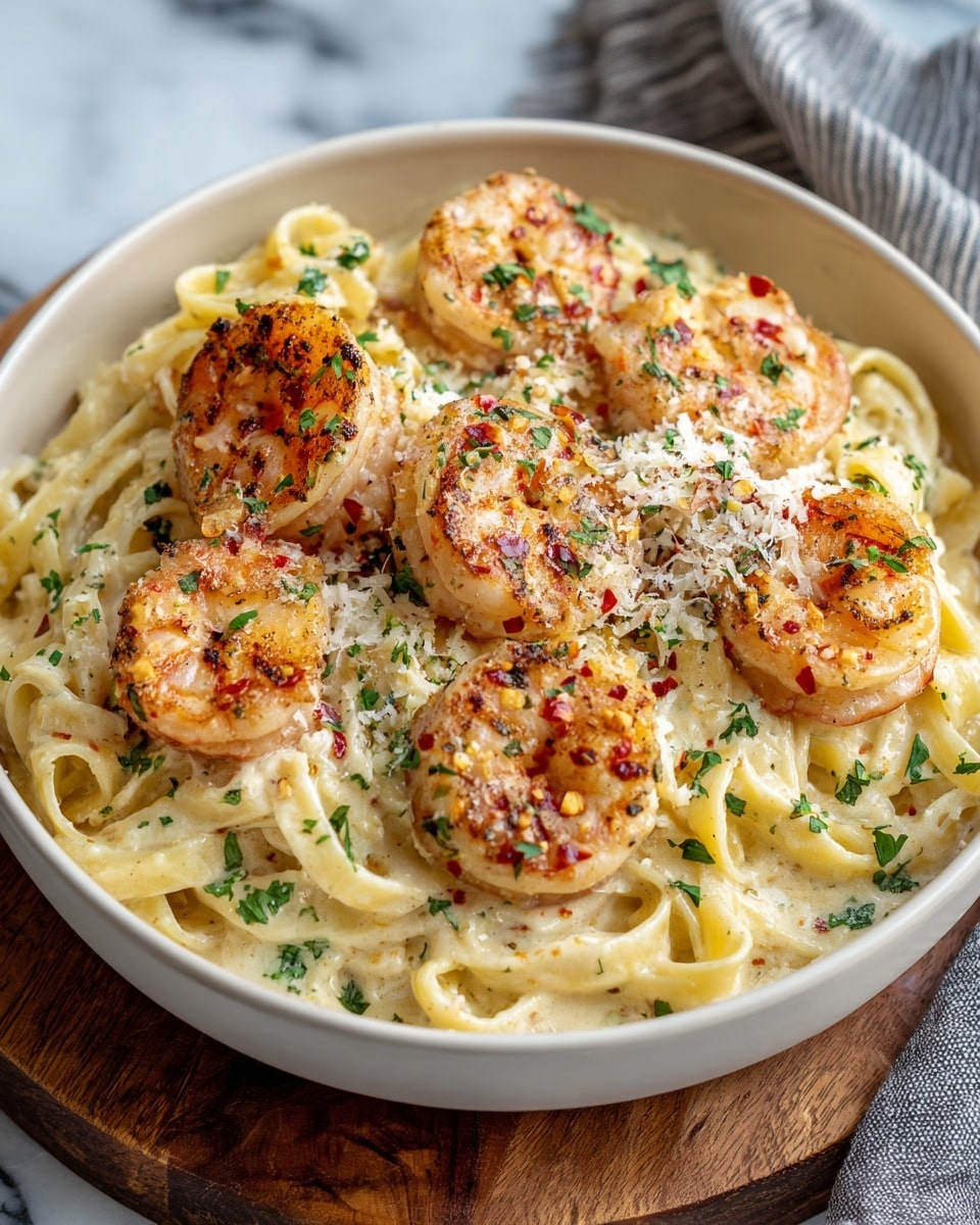 A white bowl filled with creamy fettuccine pasta, coated in a rich, light yellow sauce. On top, there are about seven large shrimp with a reddish-orange and golden-brown grilled texture sprinkled with red chili flakes and small green parsley leaves. The pasta is folded and tangled softly at the bottom, surrounded by the creamy sauce, and garnished with finely chopped green parsley and grated white cheese, giving a fresh and textured look. The bowl sits on a wooden surface next to a gray and white cloth, all set against a white marbled texture. Photo taken with an iphone --ar 4:5 --v 7