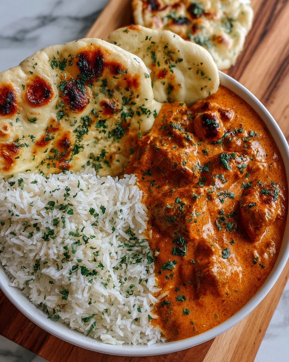 A white bowl filled with three main layers: at the bottom is fluffy white rice sprinkled with small green herb bits, on the right side thick orange curry sauce with tender chunks of meat is spread, topped with finely chopped green herbs, and leaning slightly on the edge of the bowl is a piece of soft naan bread, golden brown with charred spots and scattered green herbs. The bowl sits on a wooden board over a white marbled surface. Photo taken with an iphone --ar 4:5 --v 7