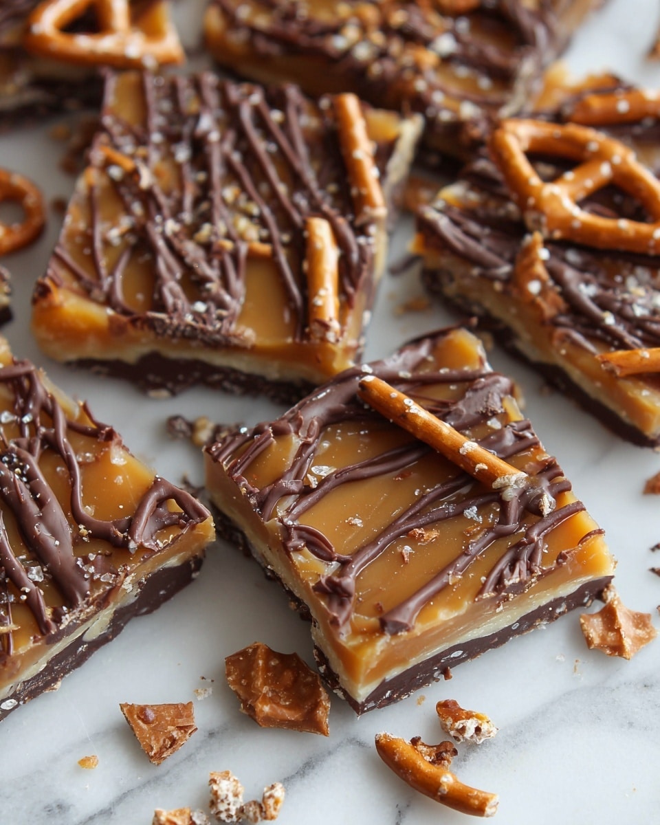 The image shows several square pieces of a treat made of layered ingredients on a white marbled surface. Each piece has a dark brown chocolate base, topped with a spread of golden caramel with a glossy texture, and sprinkled with small pretzel sticks that add a light tan crunchiness. The top is decorated with thin, wavy lines of dark brown melted chocolate drizzled over the caramel and pretzels. One piece has a small bite taken out of it, revealing the thickness of the layers. Crumbs and small broken bits of pretzel and chocolate are scattered around the pieces. Photo taken with an iphone --ar 4:5 --v 7