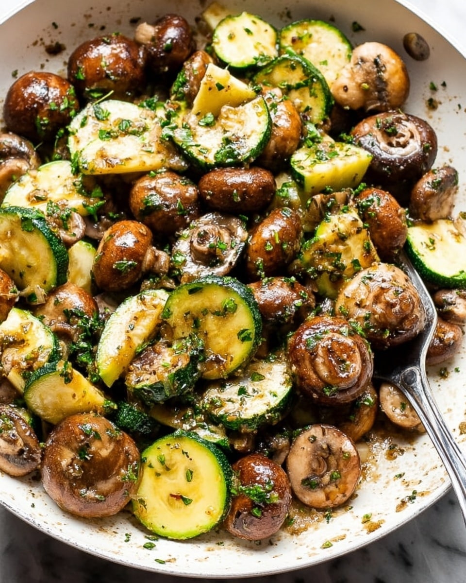 The image shows a close-up of cooked mushrooms and zucchini pieces in a white frying pan. The mushrooms are whole and brown with a slightly shiny surface, showing a cooked texture. The zucchini is cut into thick half-moon slices with a light green skin and pale yellow inside. The vegetables are mixed together and garnished with finely chopped green herbs scattered on top. A silver spatula is tucked into the pan from the right side, lifting some of the mushrooms and zucchini. The pan sits on a white marbled surface. photo taken with an iphone --ar 4:5 --v 7