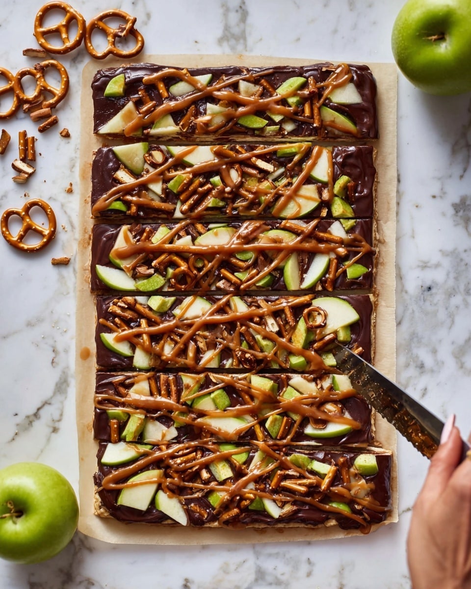 A rectangular flatbread pizza on a white plate with thin crust and slightly crispy edges forms the base. The first layer is a rich, dark chocolate spread covering the crust evenly. On top, there are small chunks of green apples scattered across with some spaces showing the chocolate underneath. A drizzle of caramel syrup runs in thin lines horizontally across the entire pizza, adding a glossy texture. A white woman's hand reaches from the left side, holding a slice that nearly separates the pizza into two halves. Around the pizza, there are scattered small pretzels and whole green apples on a white marbled surface. A glass of amber-colored drink sits at the top edge of the frame. photo taken with an iphone --ar 4:5 --v 7