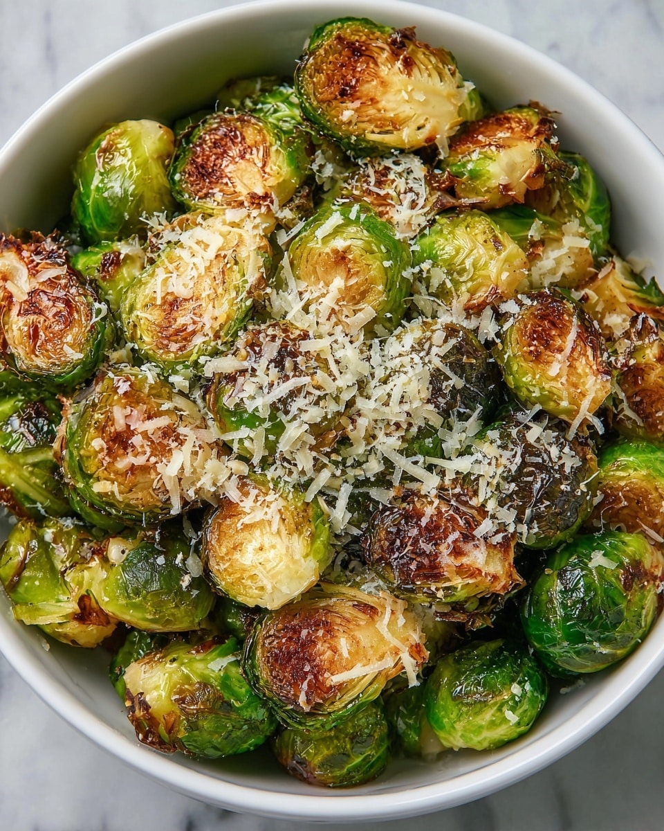 A white bowl is filled with roasted Brussels sprouts, some cut in half showing their layered inner leaves with a golden-brown, slightly crispy texture on the cut sides, while others remain whole with a shiny, bright green outer layer. The sprouts are sprinkled generously with fine white grated cheese, adding a crumbly texture on top. The edges of many sprouts are browned and crisp, giving contrast between the deep green and warm golden hues. The bowl sits on a white marbled surface, enhancing the fresh and cooked colors of the dish. Photo taken with an iphone --ar 4:5 --v 7