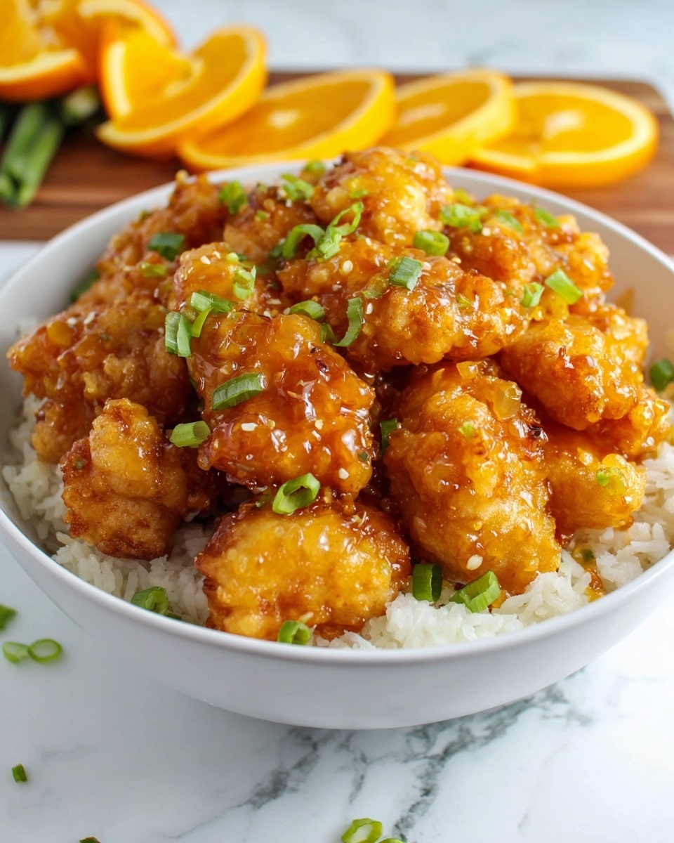 A white bowl filled with a base layer of white rice that looks soft and fluffy, topped with a large heap of golden-brown battered chicken pieces covered in a shiny, sticky orange sauce, giving them a glazed look. On top of the chicken, small bright green sliced scallions are scattered for color contrast. Thin orange slices are placed around the bowl on the white marbled surface. The photo is close up, highlighting the texture of the crispy chicken and thick sauce. photo taken with an iphone --ar 4:5 --v 7