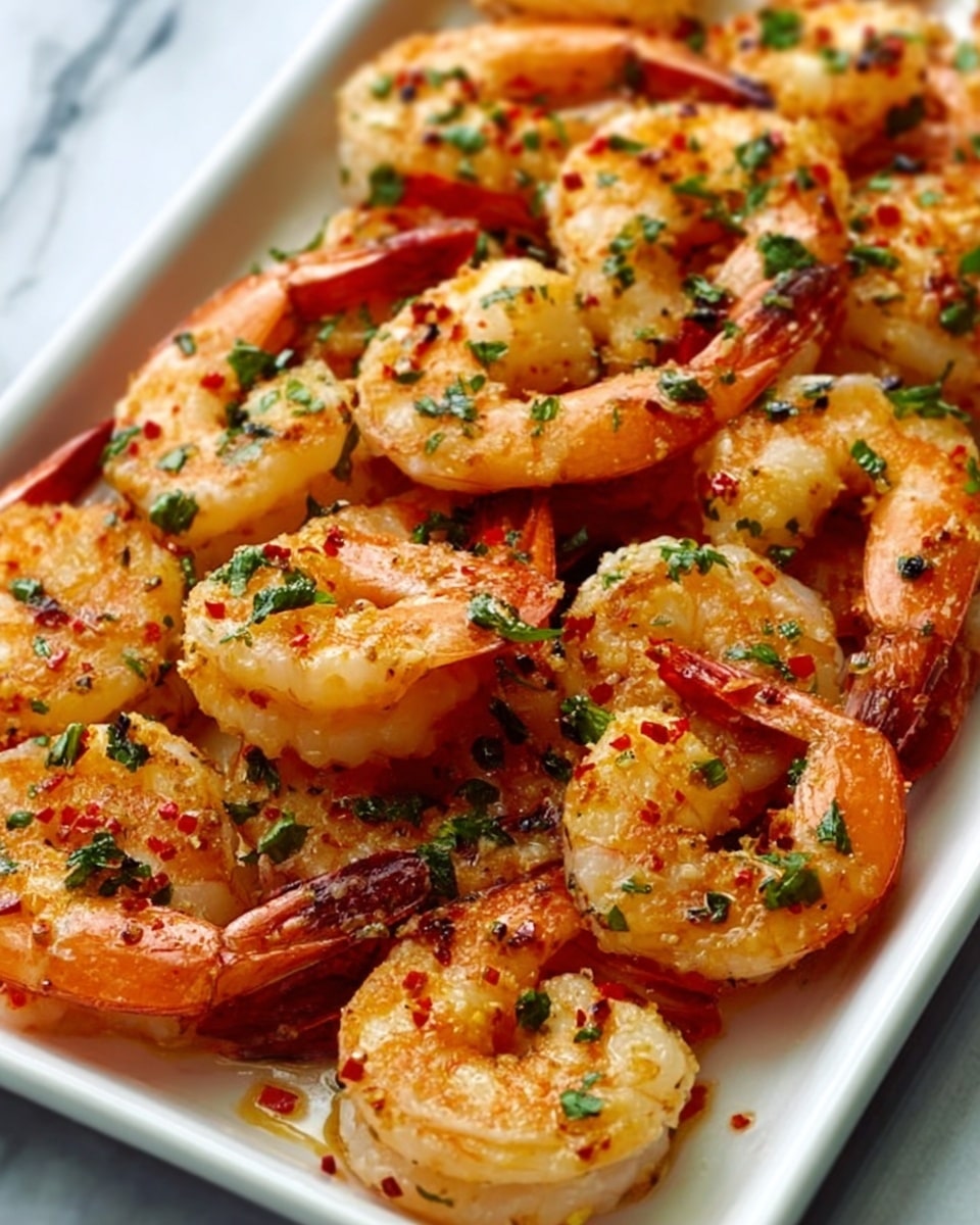 A white rectangular dish filled with two layers of cooked shrimp. The bottom layer consists of shrimp slightly browned with some blackened spots, and the top layer shows shrimp coated with a golden sauce with visible chunks of garlic and spices, garnished with chopped green herbs. The shrimp have a slightly glossy texture with orange-pink shells curled around white meat. The photo is close up, focusing on the shrimp with a soft depth of field over a white marbled surface. Photo taken with an iphone --ar 4:5 --v 7