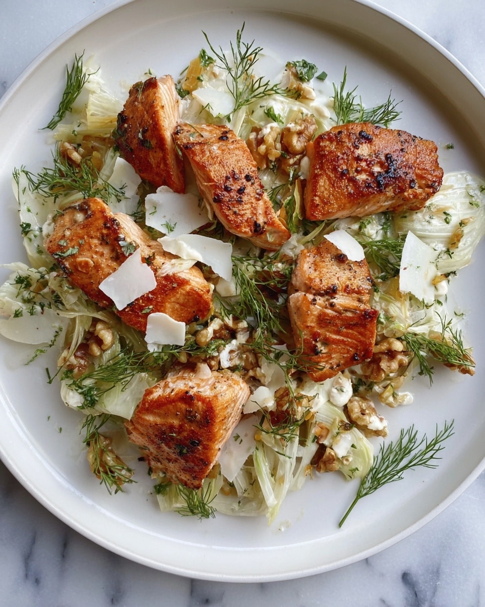 A white plate holds a dish with two main layers: the bottom layer is a bed of thinly sliced pale fennel with a slightly translucent texture, mixed with small pieces of walnuts and light green herbs. On top, there are several golden-brown grilled salmon pieces with a slightly crispy surface, arranged evenly. The dish is finished with scattered thin white cheese slices, fresh green herb leaves, and delicate fennel fronds, adding a fresh look. The plate sits on a white marbled surface. photo taken with an iphone --ar 4:5 --v 7