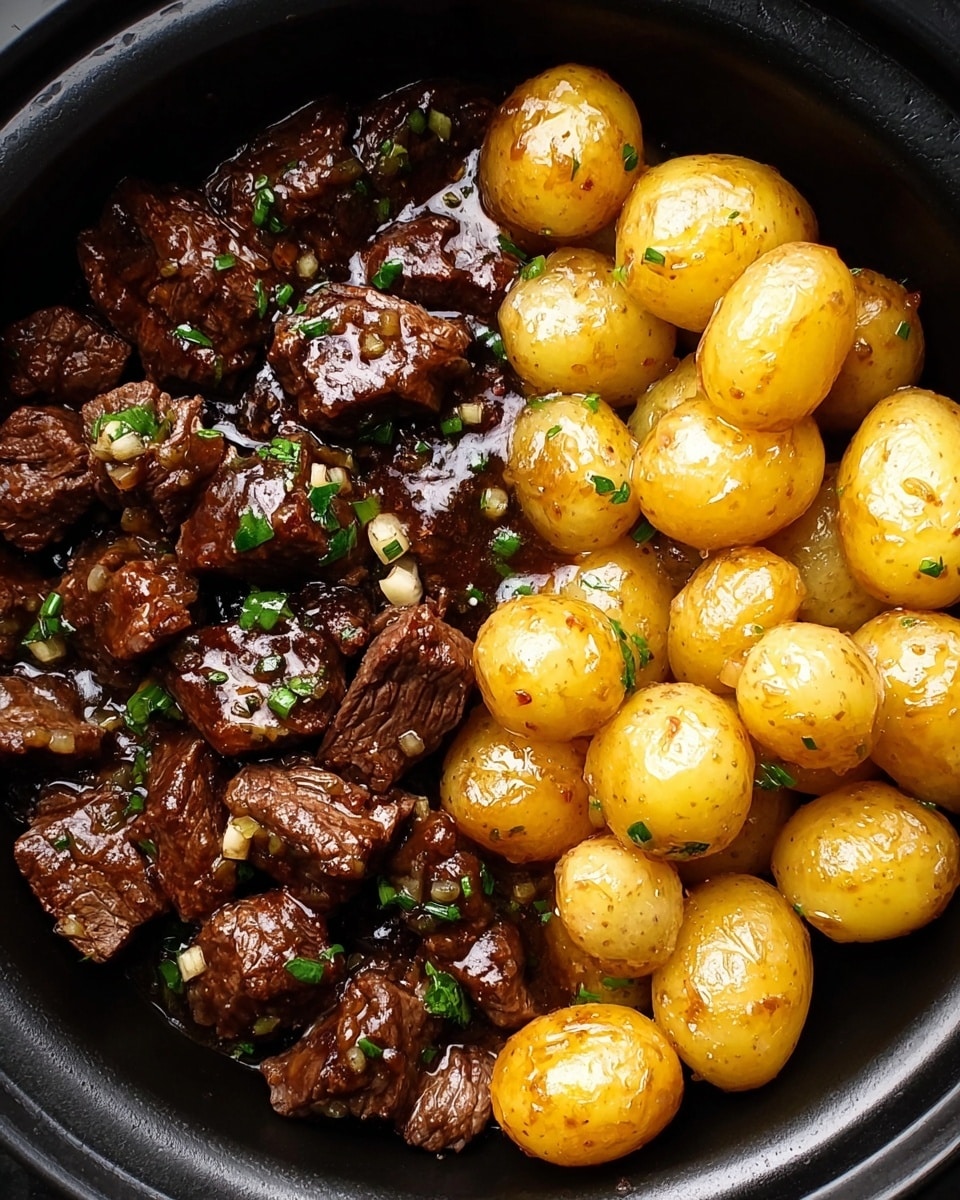 The dish shows two main parts side by side on a black round plate: on the left, there are many small chunks of dark brown beef cooked in a glossy sauce, sprinkled with small bits of green herbs and tiny onions, giving it a juicy and tender look; on the right, a pile of whole baby potatoes with a golden-yellow color, some showing light brown spots from cooking, all shiny from a light coating of oil or butter. The meat and potatoes together fill the plate closely, making a rich and hearty meal. Photo taken with an iphone --ar 4:5 --v 7