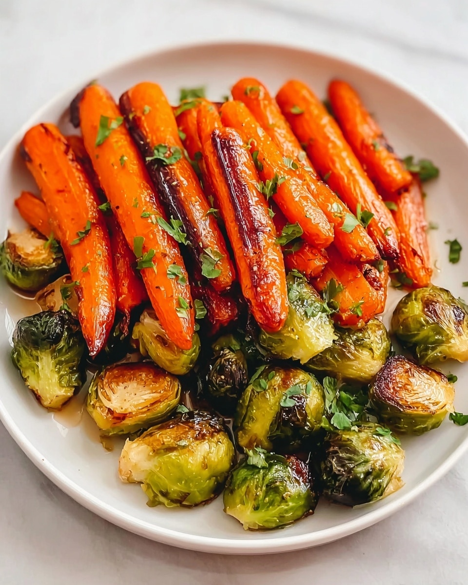 The image shows a white plate filled with roasted Brussels sprouts and carrots. There are two layers: the bottom layer consists of green, slightly charred Brussels sprouts with a glossy texture, while the top layer has bright orange roasted carrots with some blackened edges, giving a caramelized look. The vegetables appear shiny and coated with oil or glaze, and small bits of fresh green herbs are scattered over the dish. The whole scene is set against a white marbled surface. photo taken with an iphone --ar 4:5 --v 7