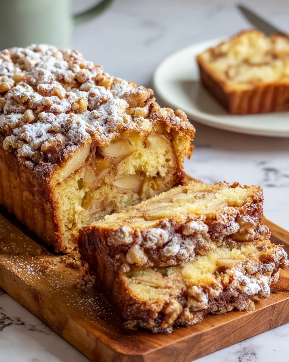 A close-up of a loaf cake sliced into pieces on a wooden board, showing two visible layers inside: a soft, light yellow cake layer with baked apple chunks embedded, and a crunchy, golden-brown crumb topping with powdered sugar dusted on top. The top layer has a textured look with small nut pieces adding extra crunch. The cake texture looks moist and fluffy, with a clear separation between the soft cake and the crispy crumb topping. In the blurred background, a white plate with another slice of cake rests on a white marbled surface. photo taken with an iphone --ar 4:5 --v 7