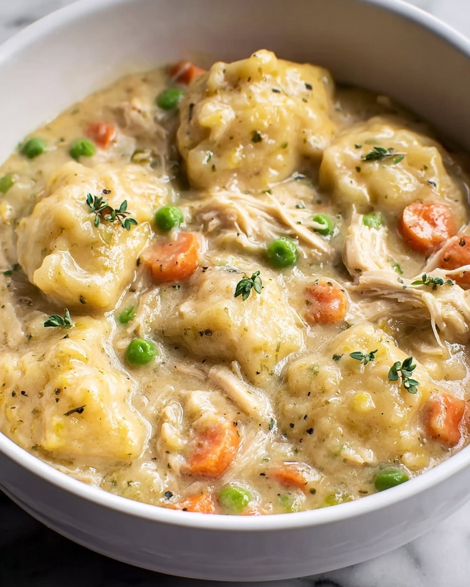 A close-up view of a bowl filled with creamy chicken and dumplings, showing about two main layers: a thick, light beige broth that covers the dish and chunky dumplings scattered on top, which are pale yellow with a soft, slightly rough texture. Orange carrot slices and bright green peas are mixed throughout, adding spots of color, along with shredded chicken pieces that are light golden brown. Small green herbs are sprinkled on top, enhancing the freshness. The bowl is white, with the photo set against a white marbled texture. photo taken with an iphone --ar 4:5 --v 7