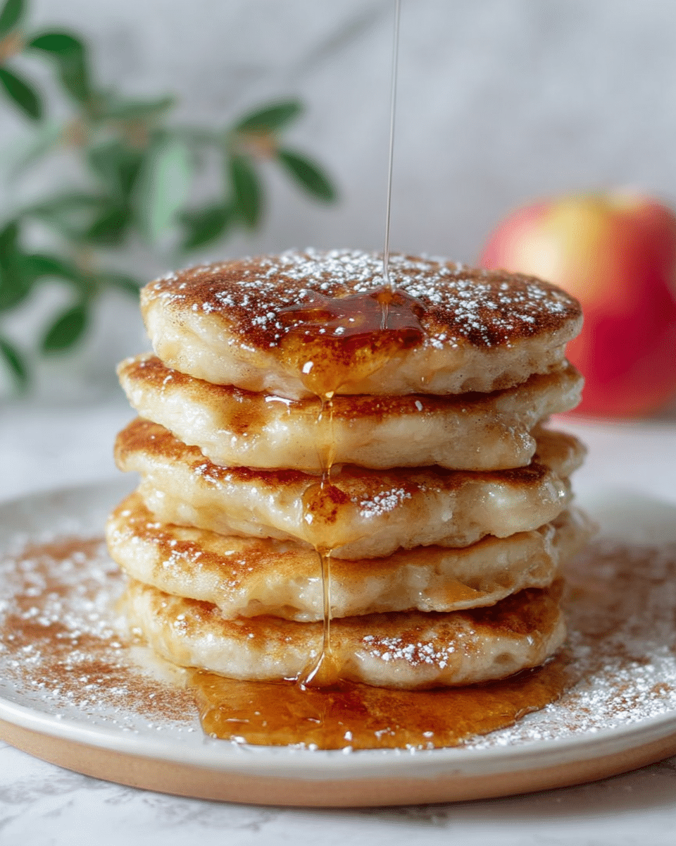 A stack of five thick pancakes is shown on a white plate, each pancake having a golden-brown color with a slightly crispy texture on the edges and a soft, fluffy inside. The top pancake is drenched with amber maple syrup that is slowly dripping down the sides, pooling on the plate. Light dustings of powdered sugar and cinnamon are sprinkled over the top and around the pancakes on the plate. The background features a blurred red apple and a white marbled surface. photo taken with an iphone --ar 4:5 --v 7