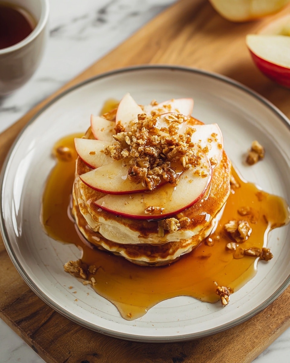 A stack of three golden-brown pancakes sits in the center of a simple white plate with a gray rim. Between each pancake layer, thin slices of light red apple are visible. On top, there is a circle of apple slices, covered with a drizzle of amber syrup and sprinkled with small pieces of crunchy granola. The plate rests on a white marbled surface, surrounded by a cup of coffee in a grayish mug, a small white syrup pitcher, and a whole red apple. Photo taken with an iphone --ar 4:5 --v 7