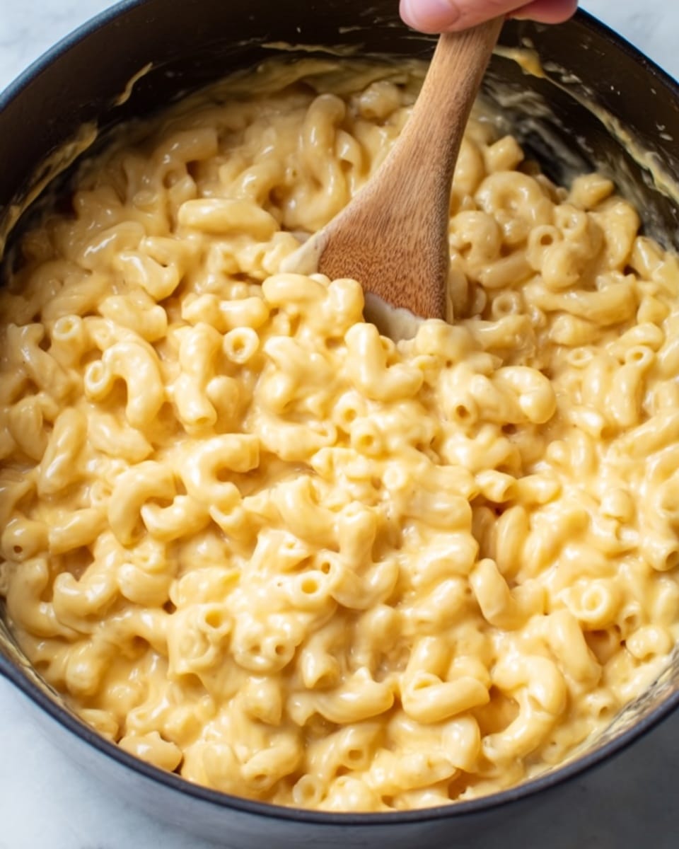 The image shows a close-up of creamy macaroni and cheese with soft elbow-shaped pasta fully coated in a smooth, glossy, pale yellow cheese sauce. The macaroni pieces are tightly packed together with slight bubbling in the sauce, giving a rich, velvety texture. A wooden spoon is partially submerged in the macaroni, lifting some of the cheesy pasta, and a woman's hand holds the spoon at the left edge of the frame. The background is a white marbled texture. photo taken with an iphone --ar 4:5 --v 7