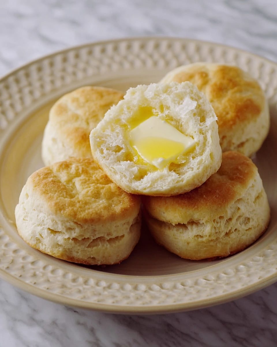 Five light golden brown biscuits are placed on a white plate with a decorative edge. One biscuit is split open and stacked on top of the others, showing a soft, fluffy inside texture with a melting pat of light yellow butter sitting in the middle. The biscuits have smooth, rounded tops and slightly textured sides, with a warm, inviting look. The scene is set on a white marbled surface. photo taken with an iphone --ar 4:5 --v 7